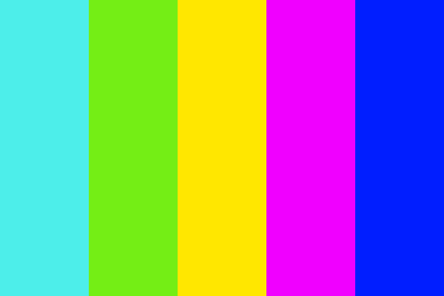 Spectrum of neon colors that should be avoided for photos: neon blue, electric lime, neon yellow, proton purple, electric blue.
