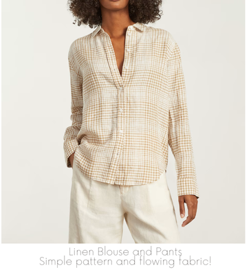 Close up of a woman's outfit: linen blouse and pants that showcases a simple pattern and flowing fabric. Doughman Photography