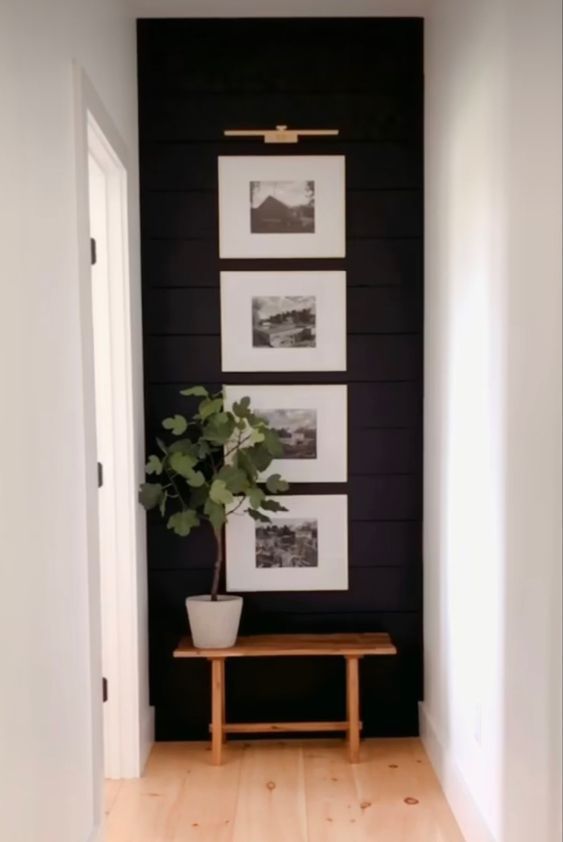 End of hallway vertical gallery wall of 4 framed images. Gallery wall design. Doughman Photography.
