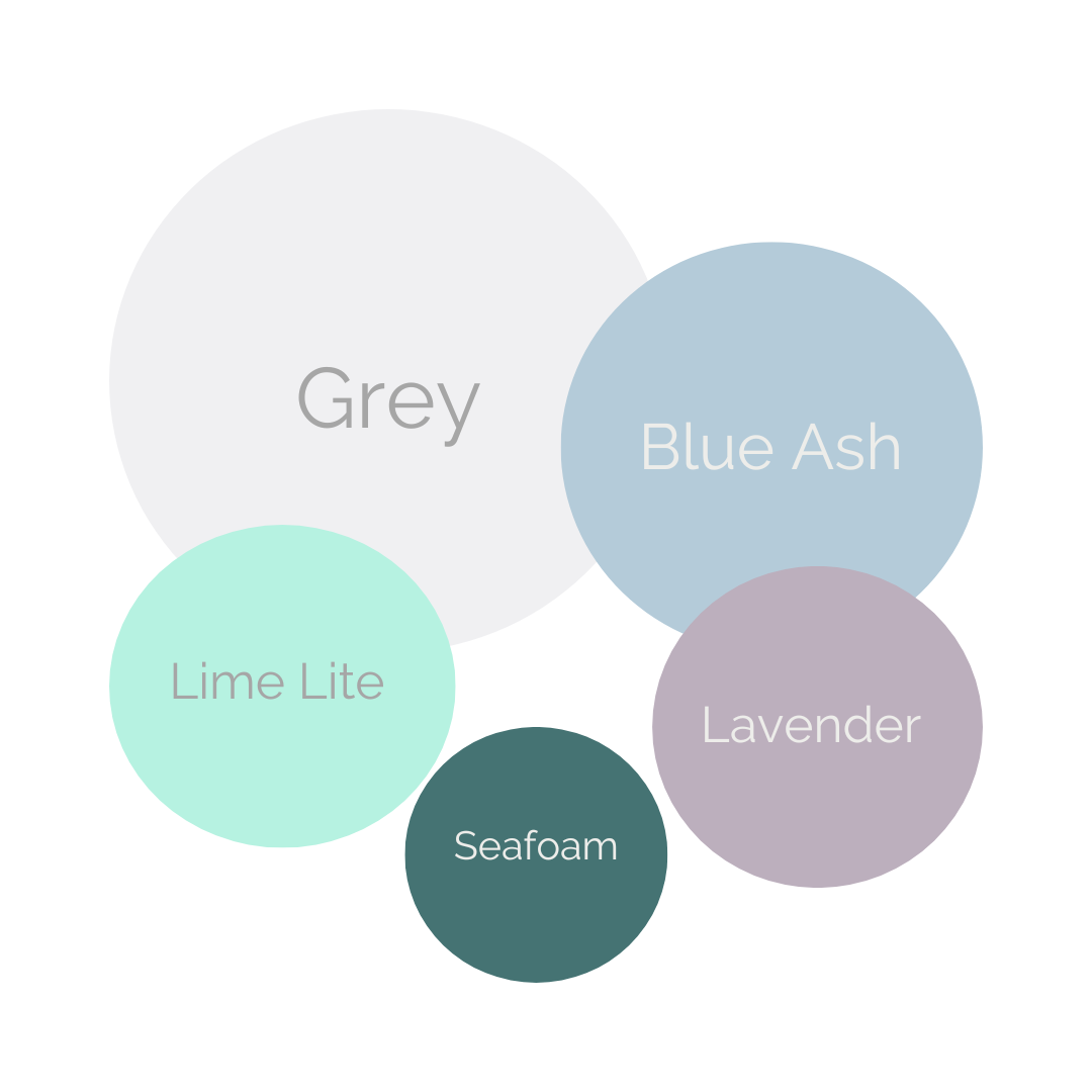 Light and Airy color palette 3: circles of grey, blue ash, lavender, lime lite, and seafoam. Doughman Photography