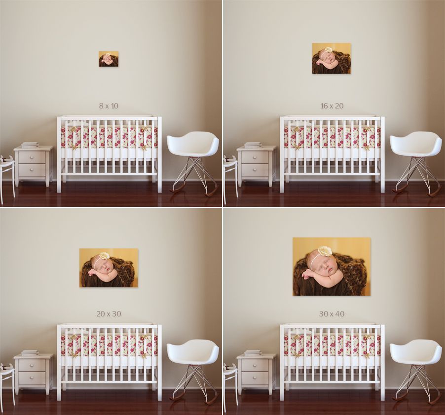 Series of nursery room images with pictures above the crib. 1st image: 8x10, 2nd image: 16x20, 3rd image: 20x30, 4th image: 30x40.