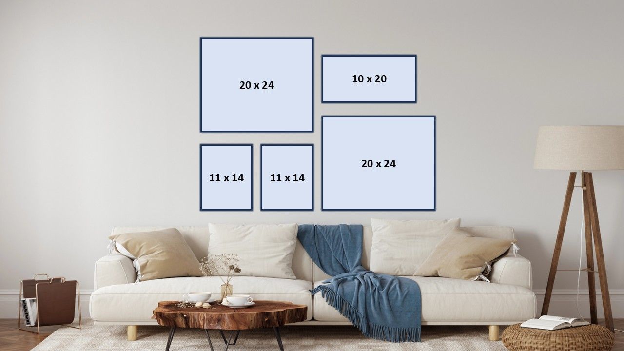 Hanging above the couch are 5 image mock-ups: 20x24, 10x20, 11x14, 11x14, 20x24.  Gallery wall design. Doughman Photography.