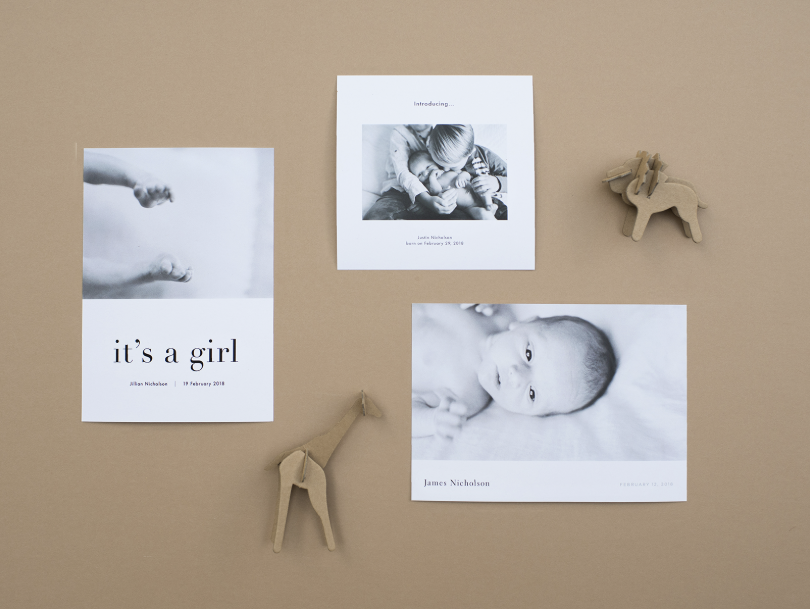 Flat lay image showcasing three flat style cards from a newborn session. Each card has a different image text layout.