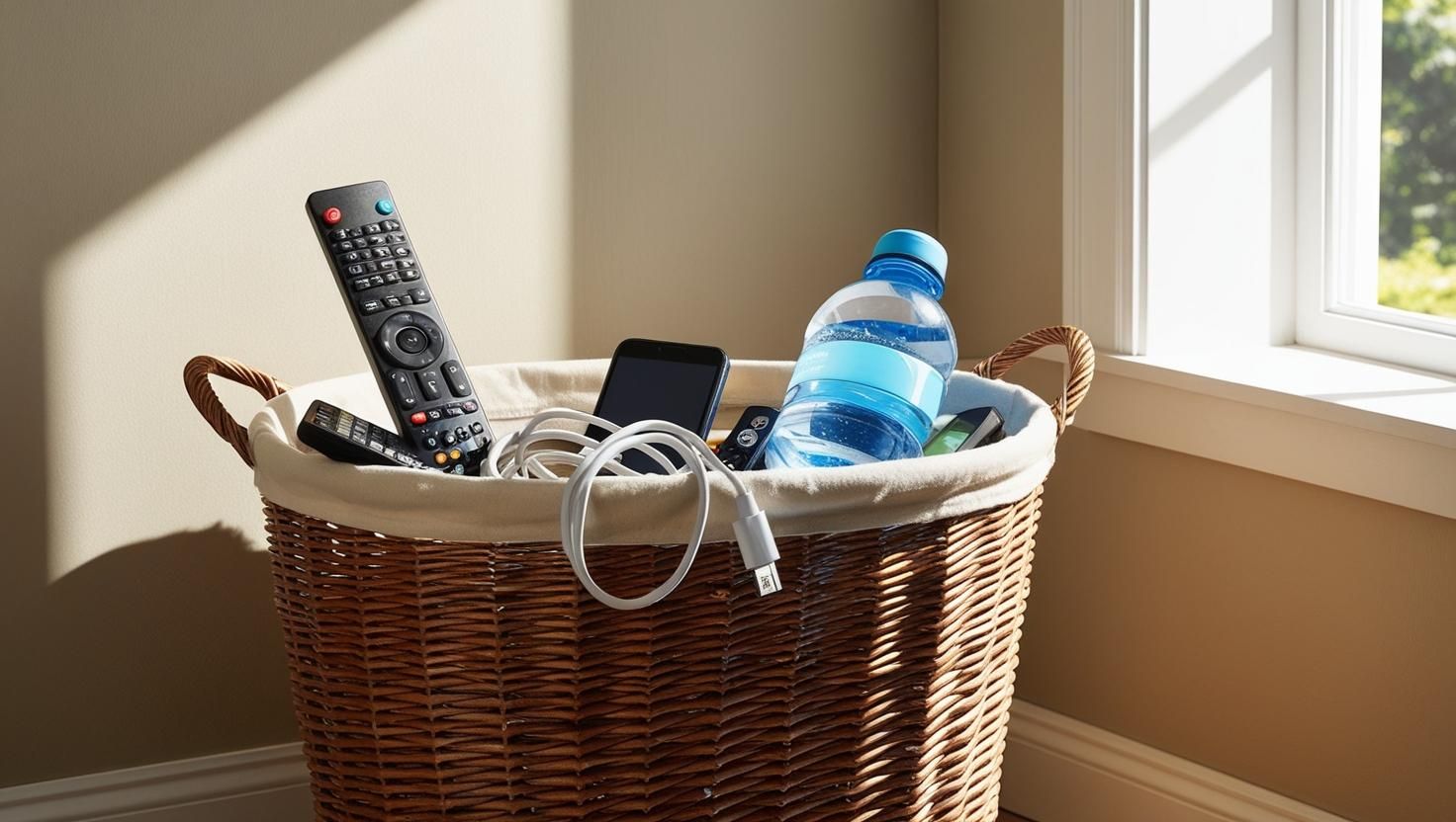 Wicker basket of remote controls, water bottle, charging cables and other miscellaneous item. 