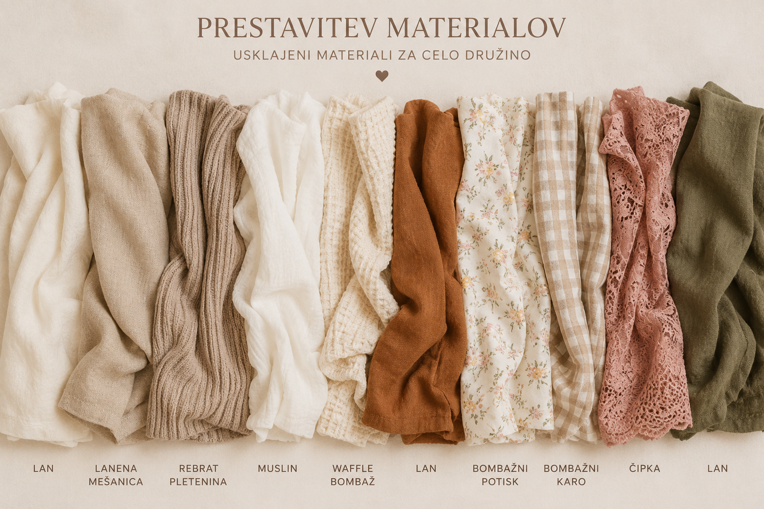 A flat lay of coordinated fabric swatches in neutral and earthy tones labeled for family matching outfits including linen, muslin, and lace.