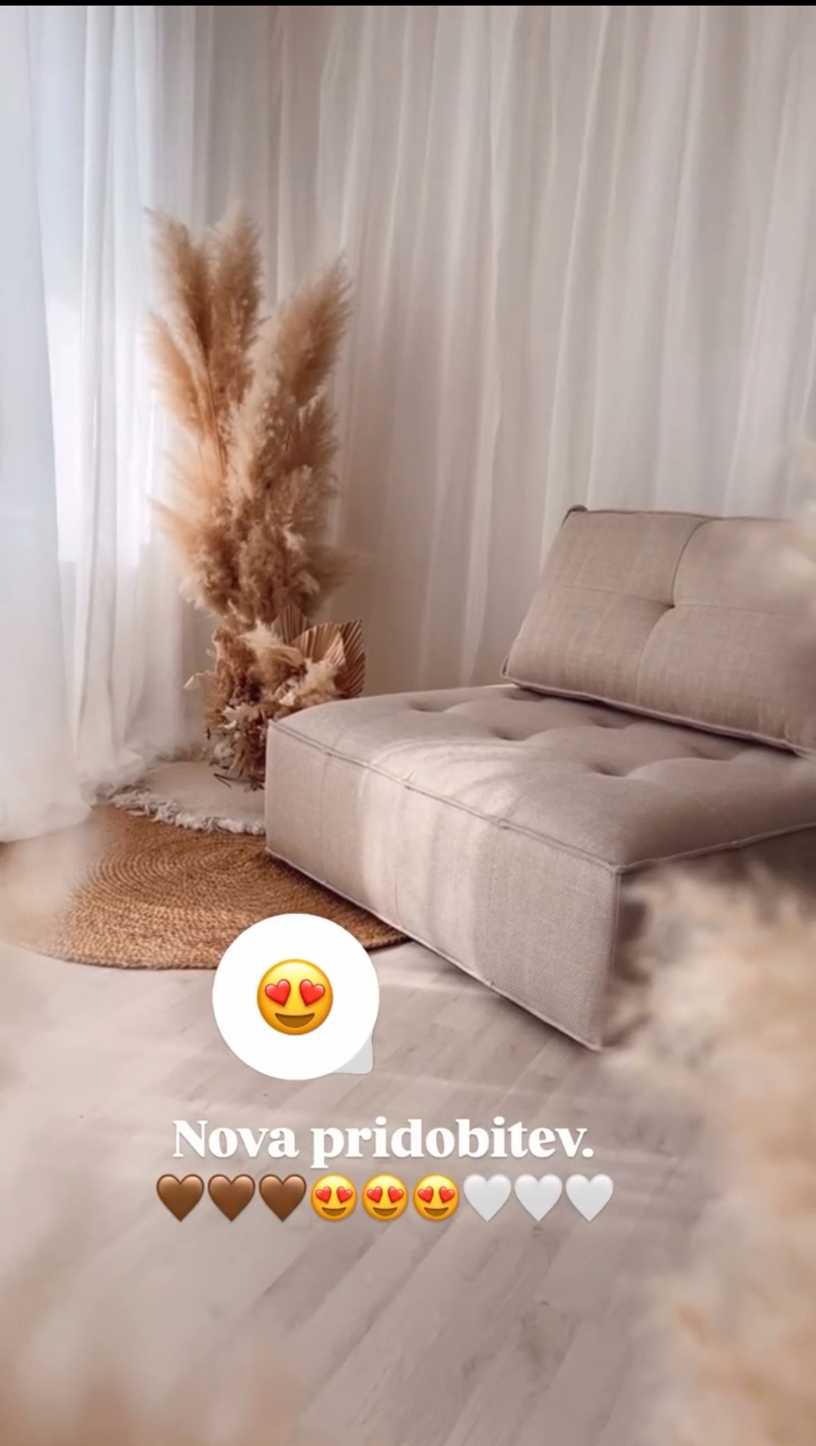 A modern beige sofa with pampas grass decor and white curtains creates a cozy minimalist living room atmosphere.