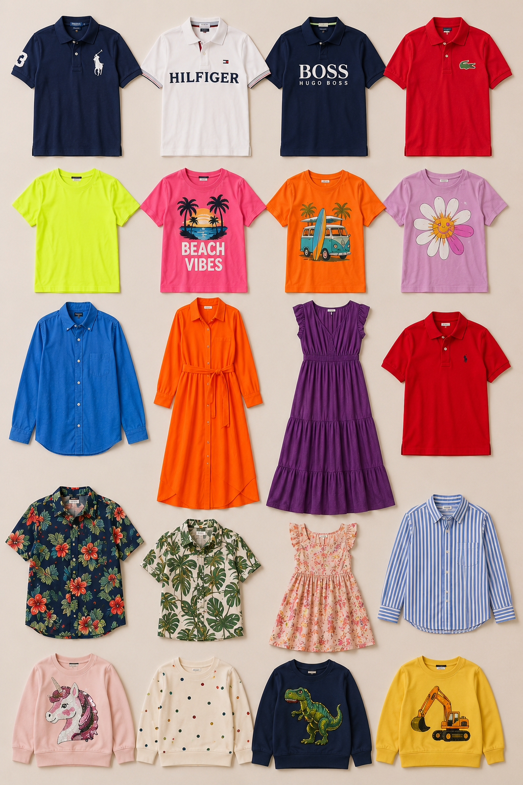 Collage of colorful kids clothing including polo shirts, graphic tees, dresses, button-ups, and sweatshirts from top brands.