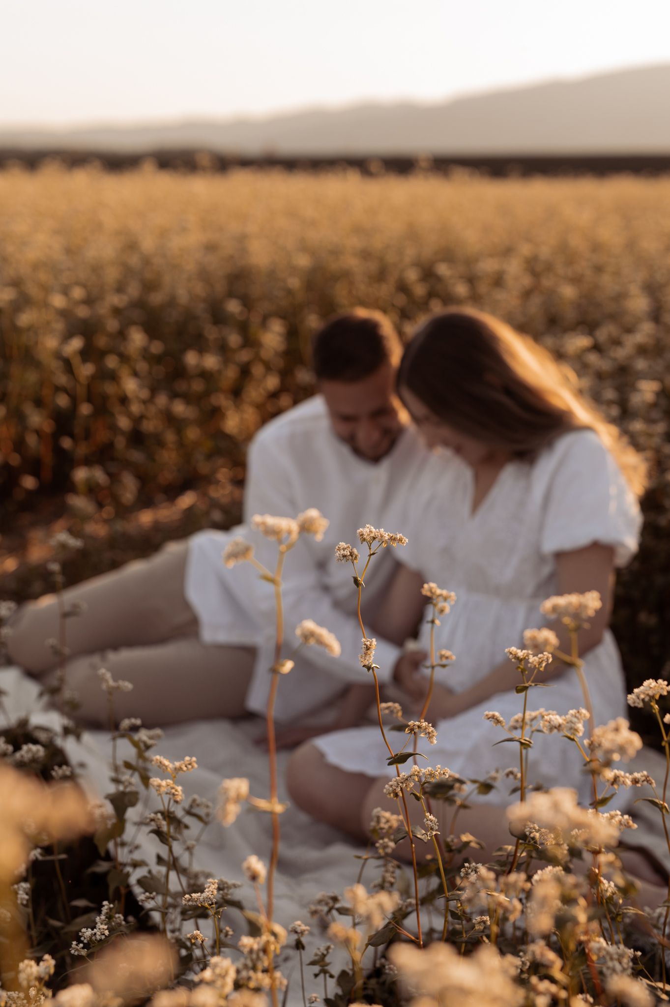 Couple sitting in a golden wildflower field at sunset with soft bokeh lighting creating a romantic atmosphere.