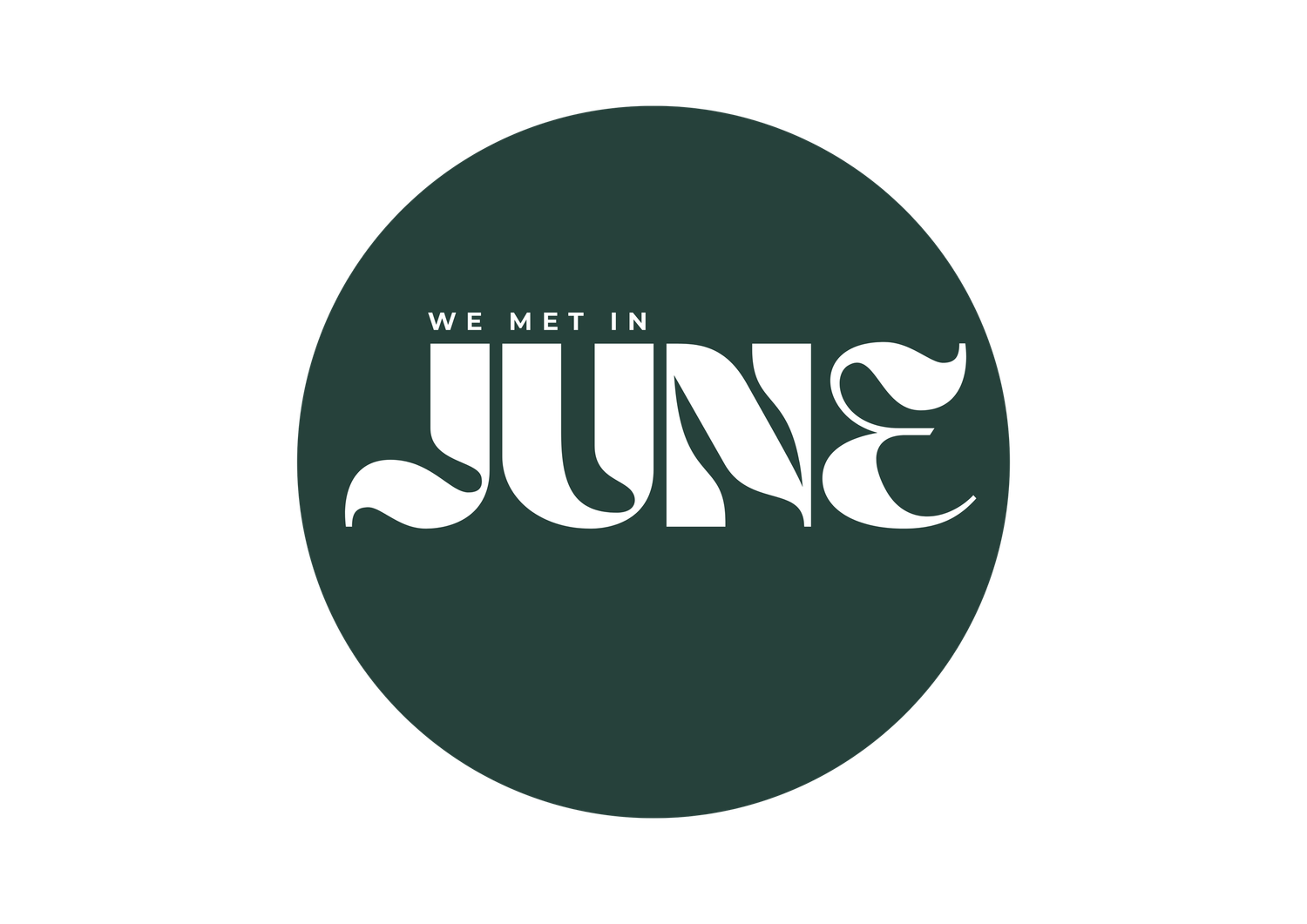 We Met in June logo featuring elegant white typography on a dark green circular background.