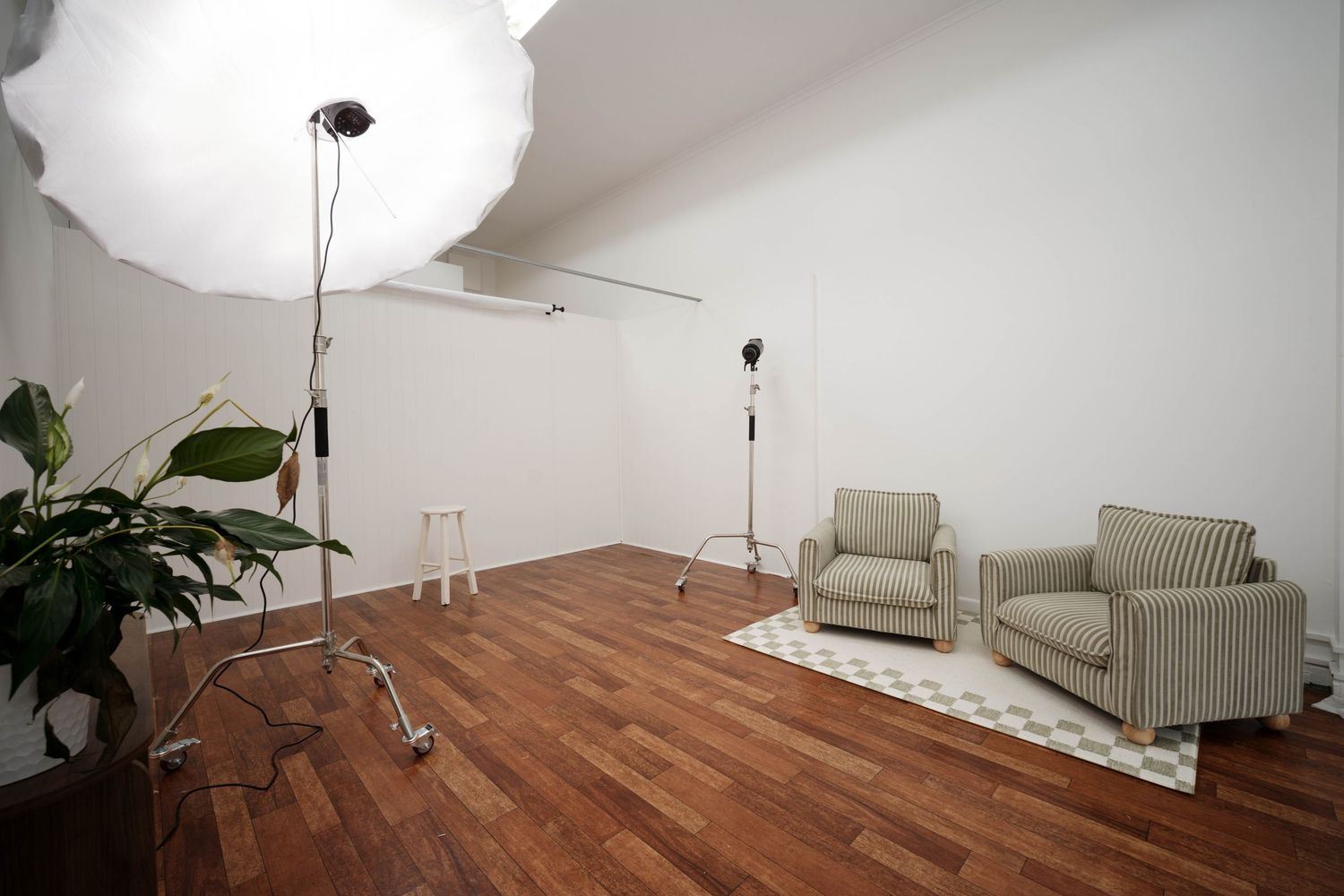 Modern photography studio with hardwood floors, white walls, studio lighting equipment, two gray armchairs, and a potted plant.