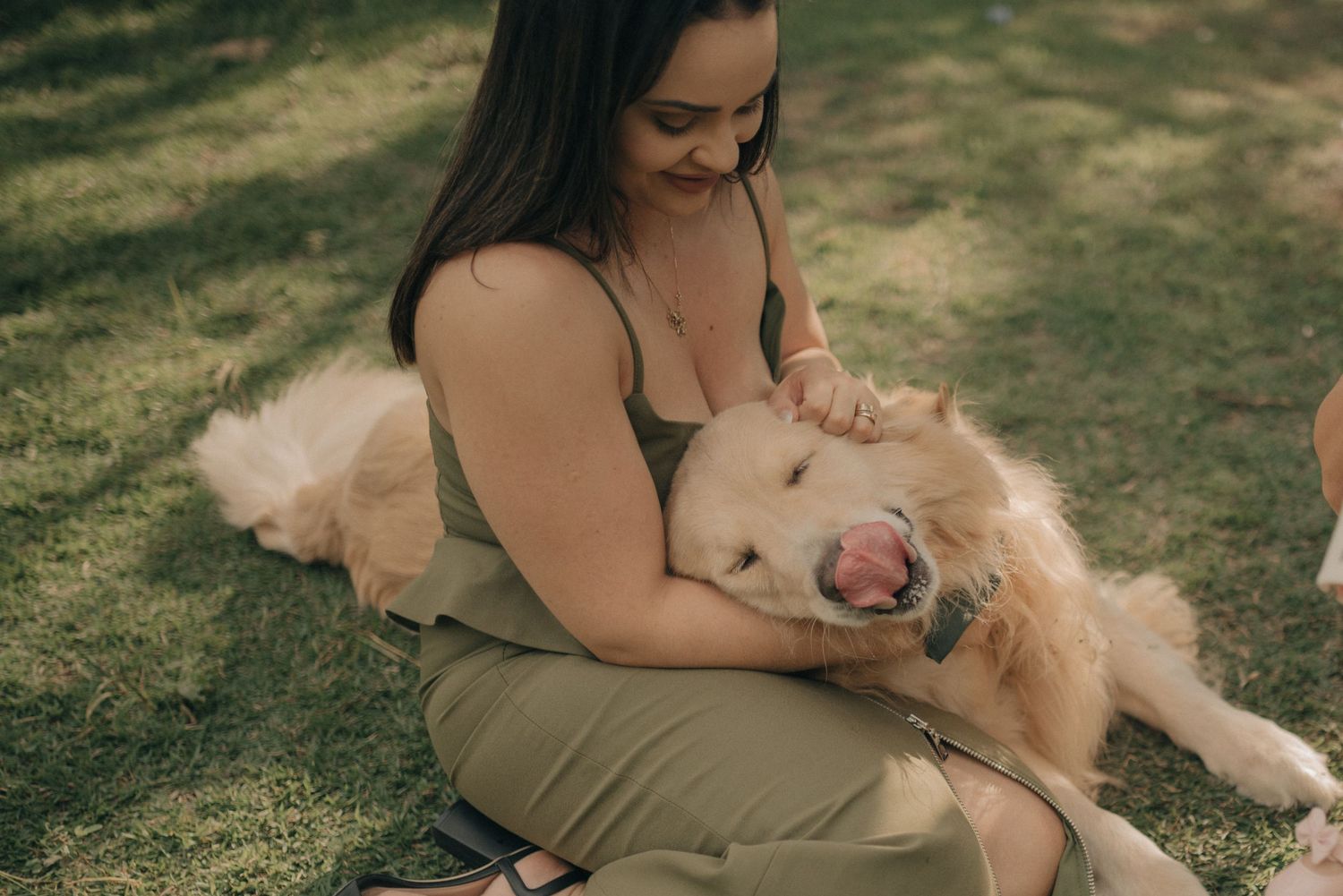 Person sitting on grass petting a friendly golden retriever dog enjoying a sunny day.
