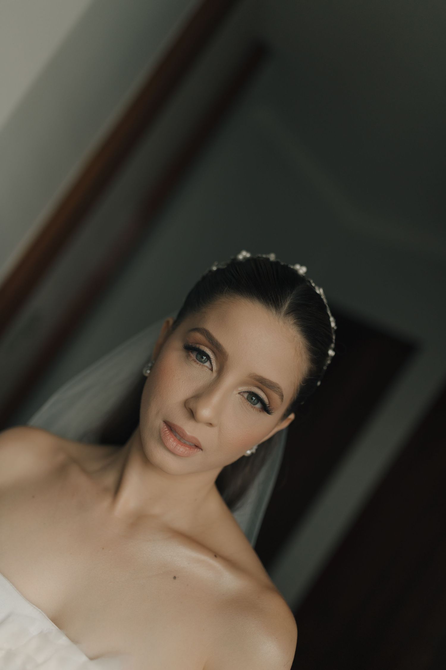 Close-up bridal portrait with delicate headpiece and veil in soft lighting.