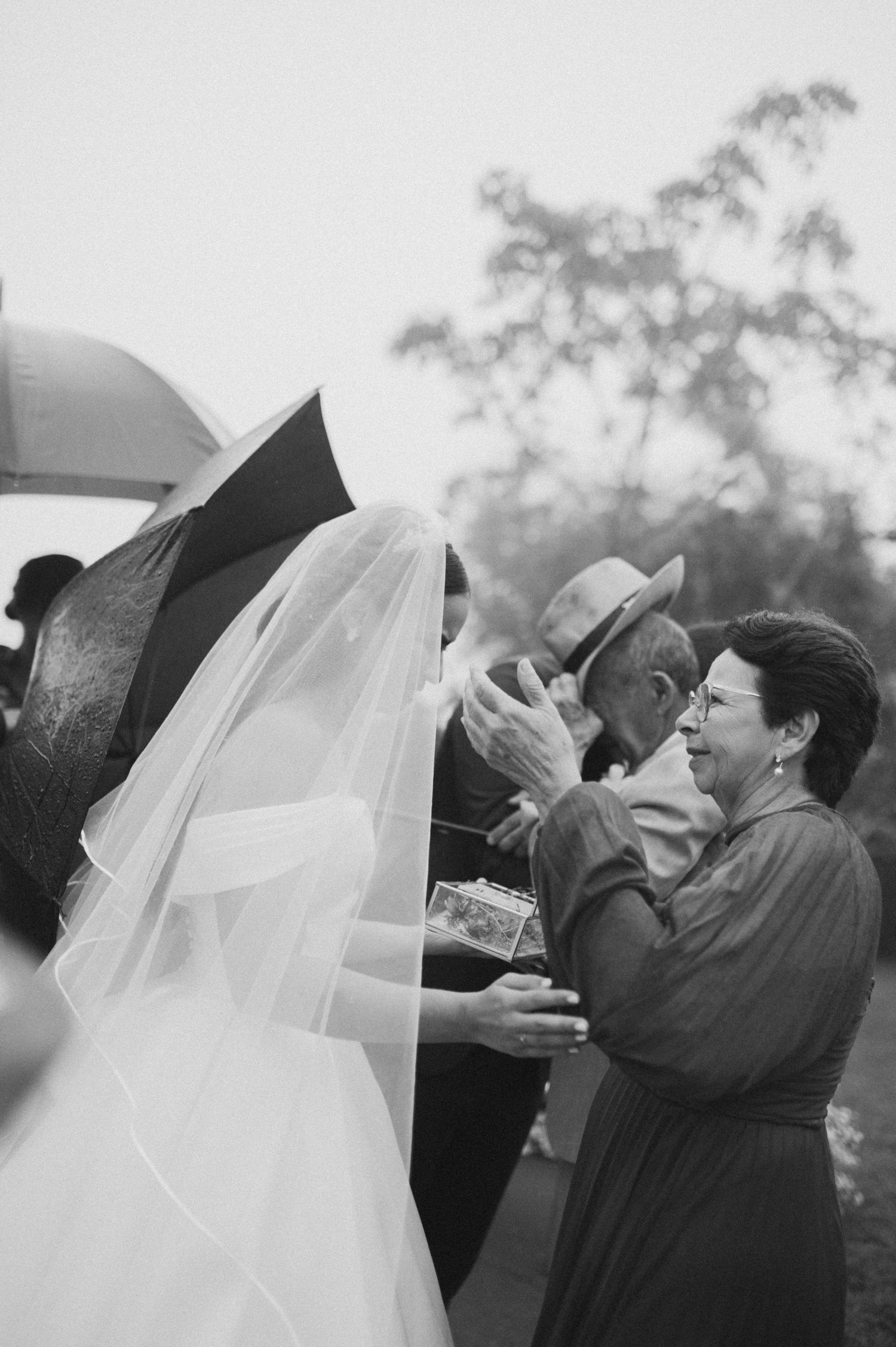 A series of black and white photos showing a couple in wedding attire sharing a romantic moment outdoors.