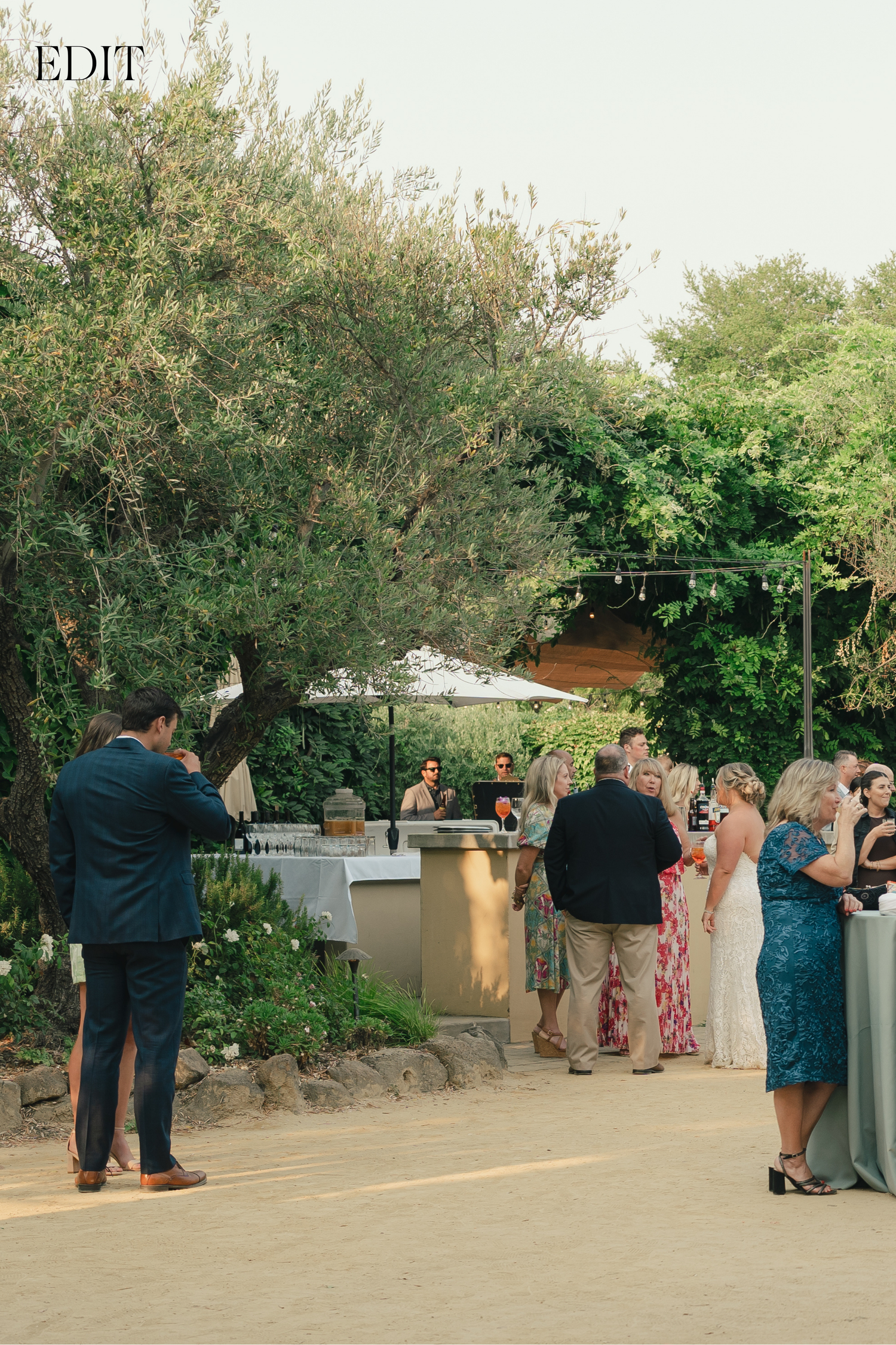 Wedding guests gathered at an outdoor venue with trees and umbrellas in the background.