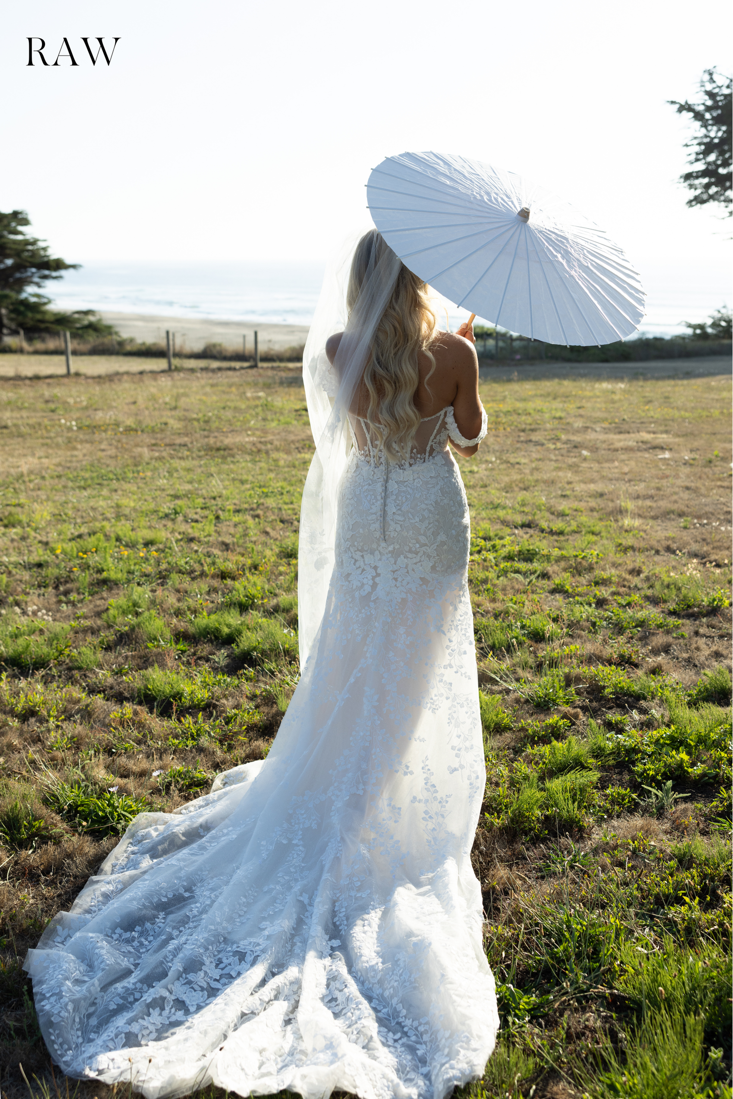 A white lace wedding gown photographed against a natural outdoor setting.