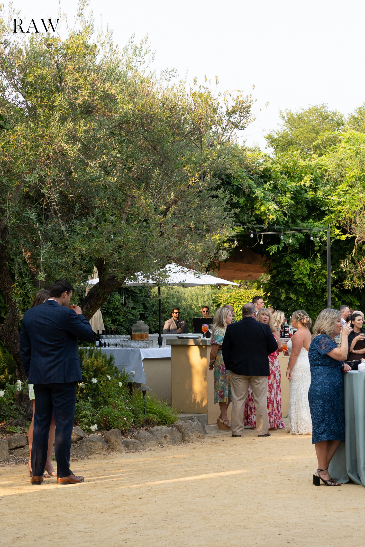 Candid shot of wedding guests mingling at an outdoor reception area surrounded by greenery.