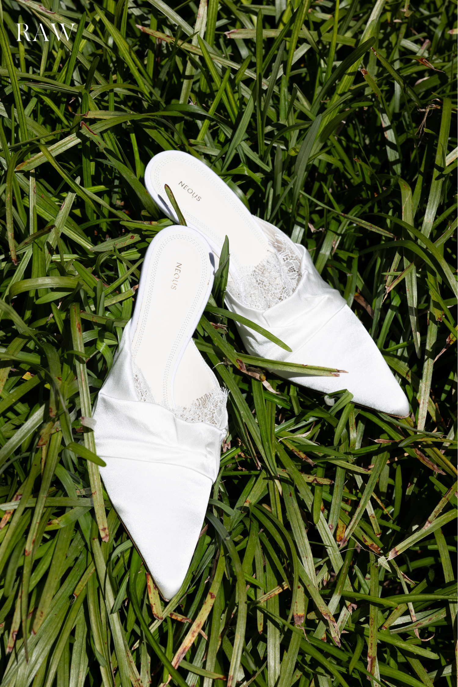 Wedding shoes displayed on fresh green grass in multiple angles.