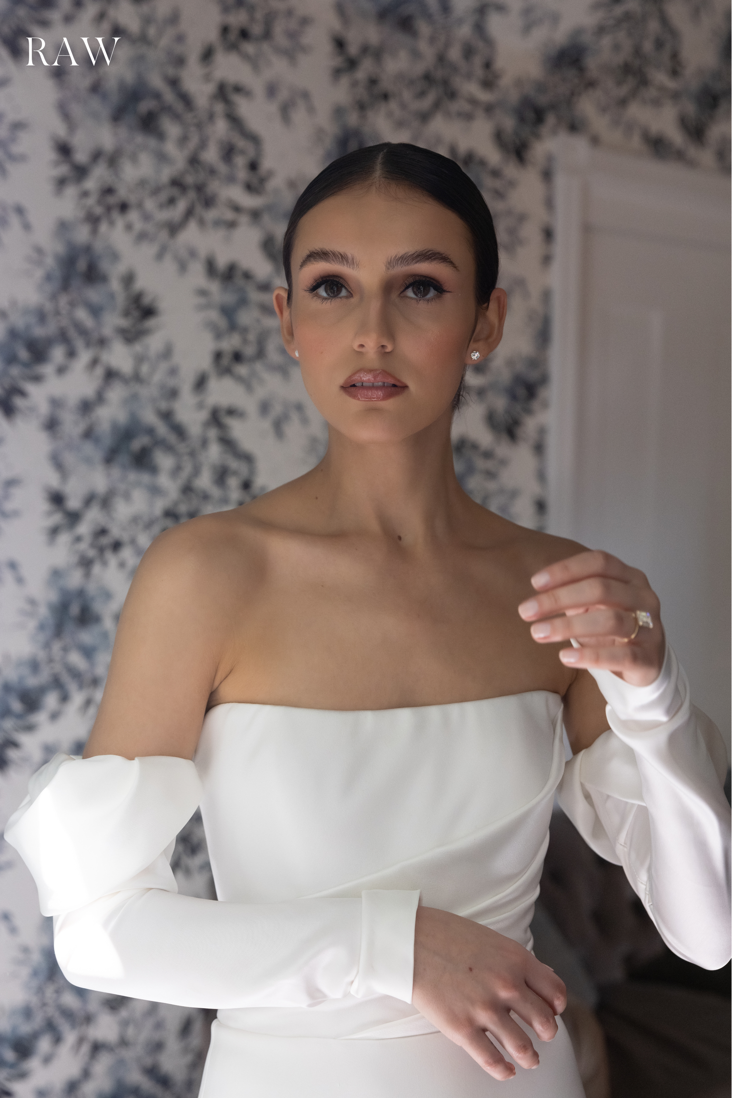 Off-shoulder white bridal gown with long sleeves captured in a series of close-up shots.