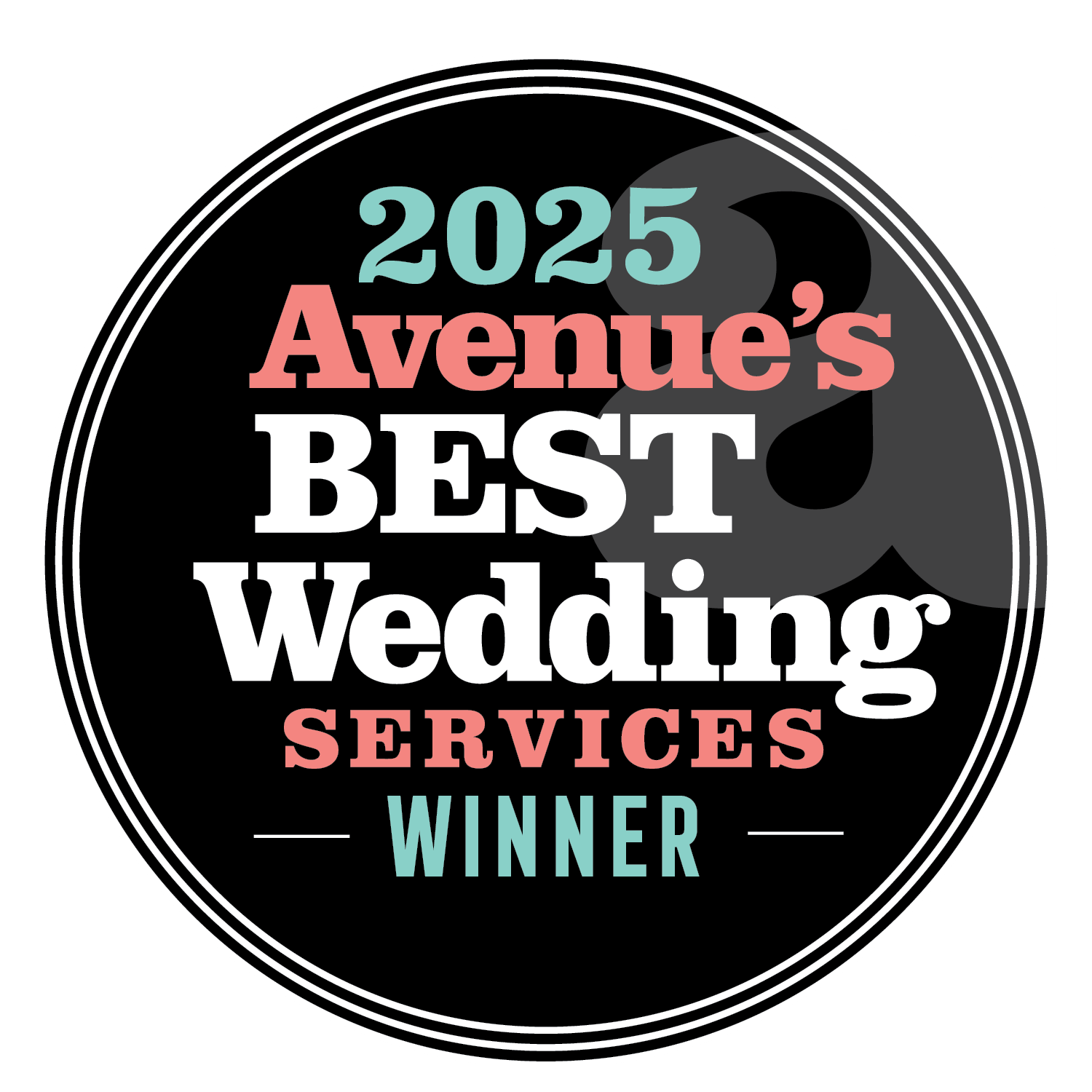 A set of five black and mint green oval badges displaying text about wedding services and awards.