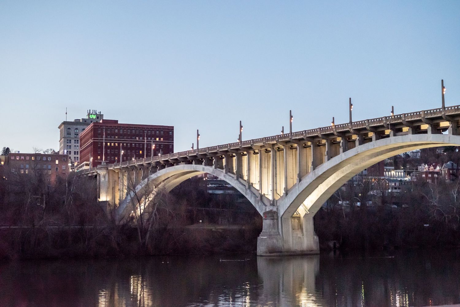 a view of the million dollar bridge in Fairmont, WV at dusk