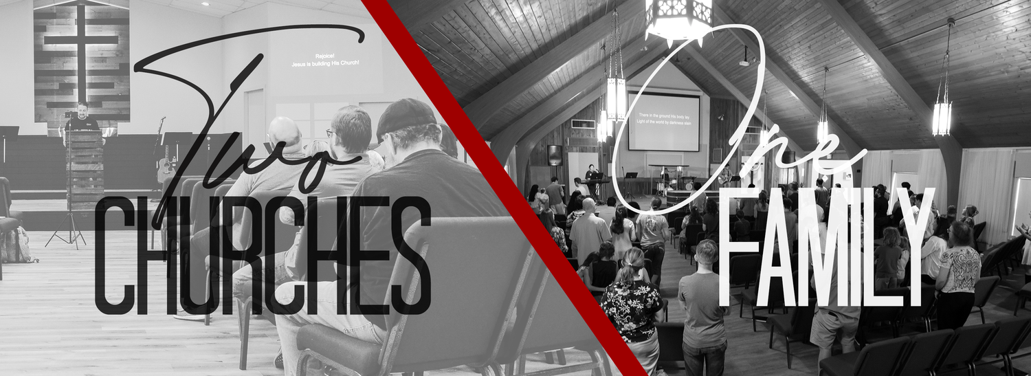 black and white image showing the two Sunday gathering locations of Crossroads church with overlaid text: 