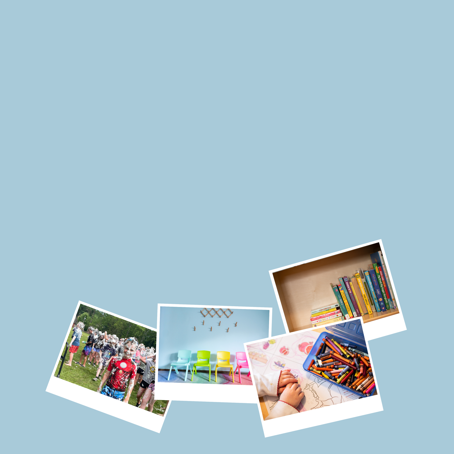polaroid-style snapshots of children's ministry events at crossroads church are scattered across a pale blue background
