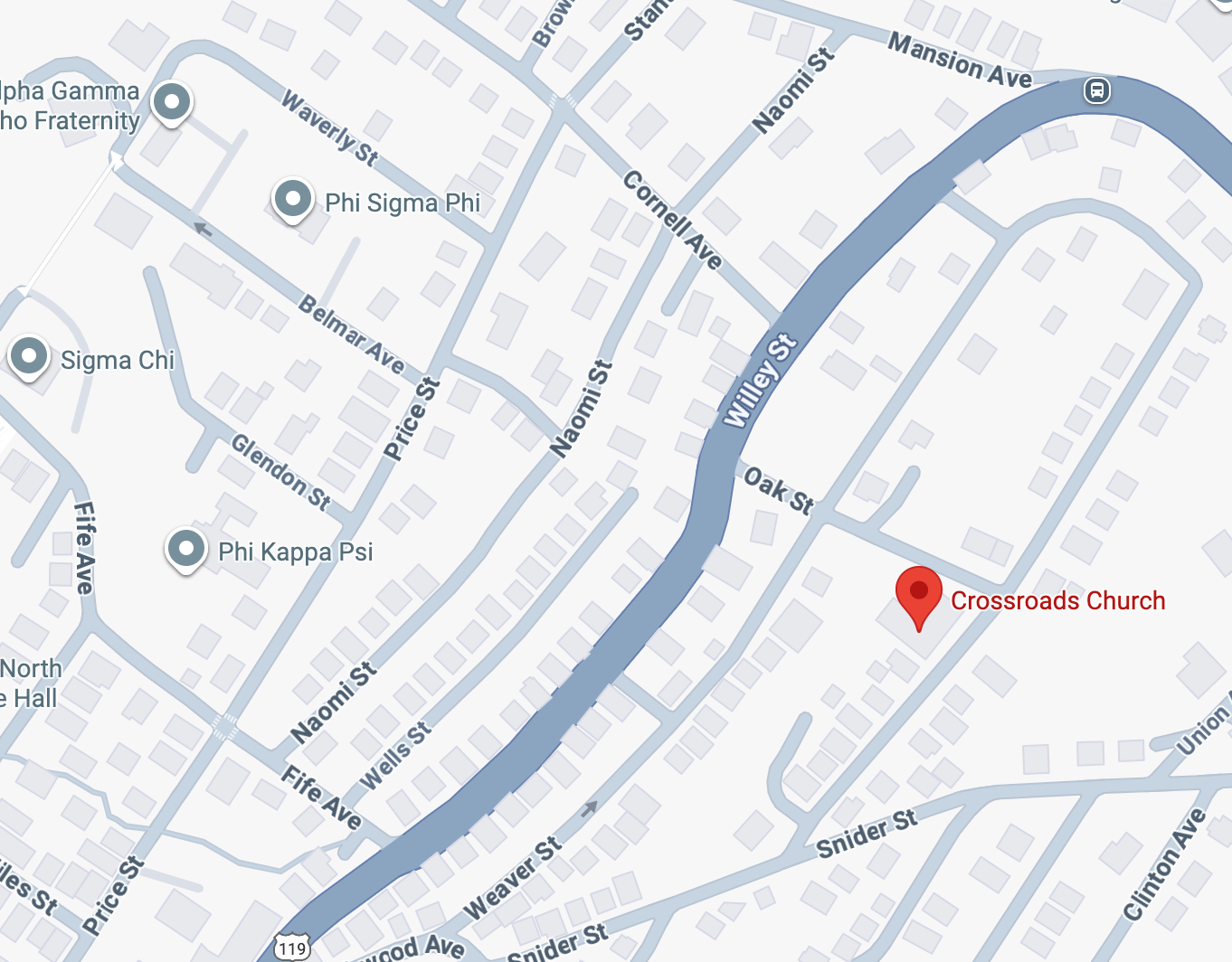 a map from Google Maps showing the location of Crossroads Morgantown