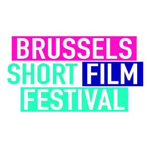 Pink and turquoise lettering showing Brussels Short Film Festival text against a white background.