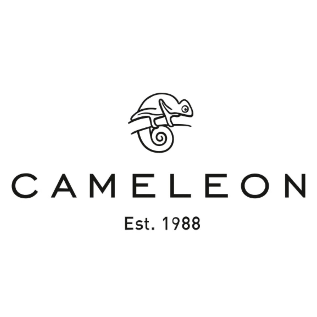 Simple black and white logo design featuring a minimalist chameleon icon above text reading CAMELEON Est. 1988.