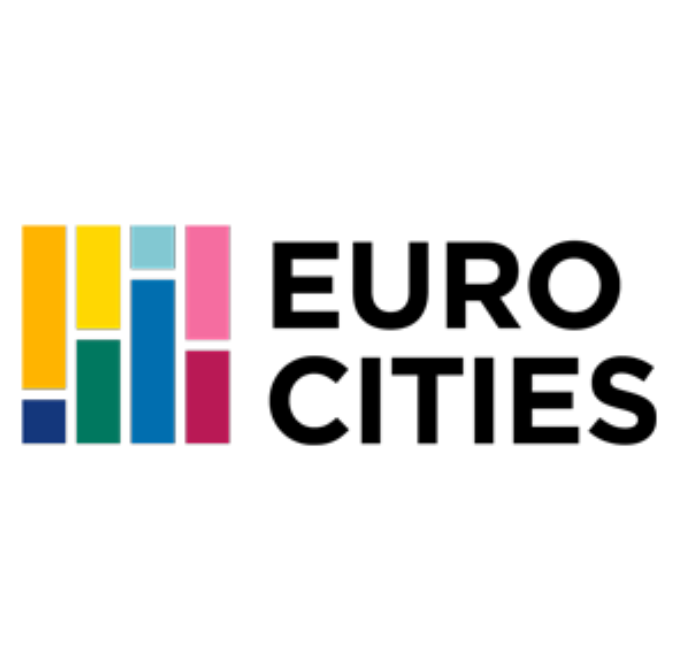 A colorful logo design featuring the text EURO CITIES in modern geometric shapes.