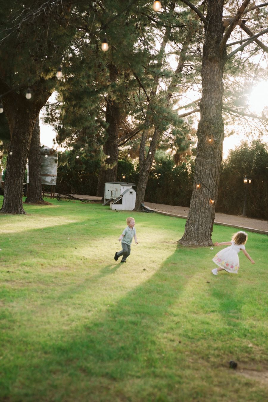 Two young children run playfully across sunlit green lawn between tall trees at wedding reception.