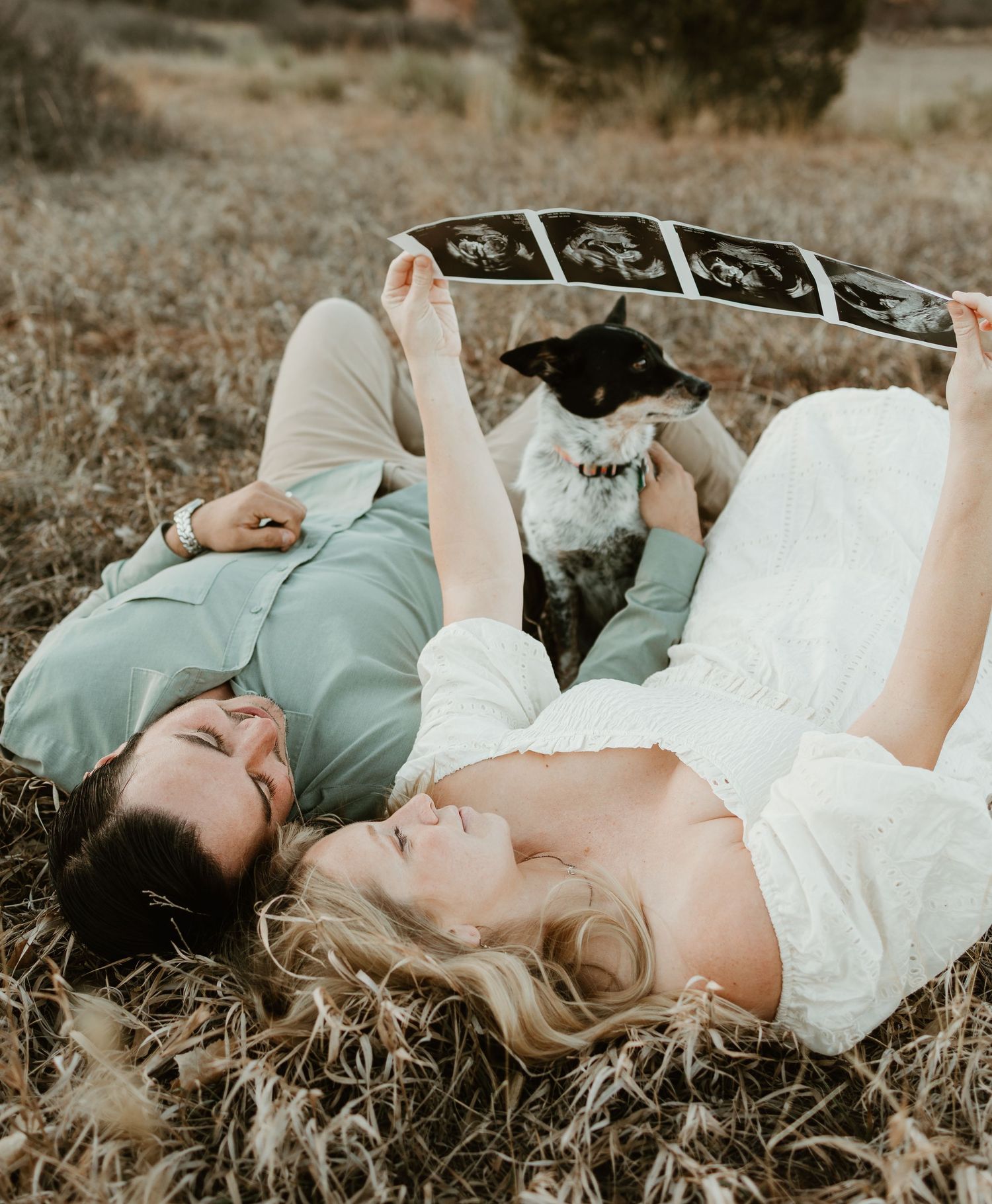 Two figures lying on grass while looking up at film slides against sunlit sky in sepia toned nostalgic scene.