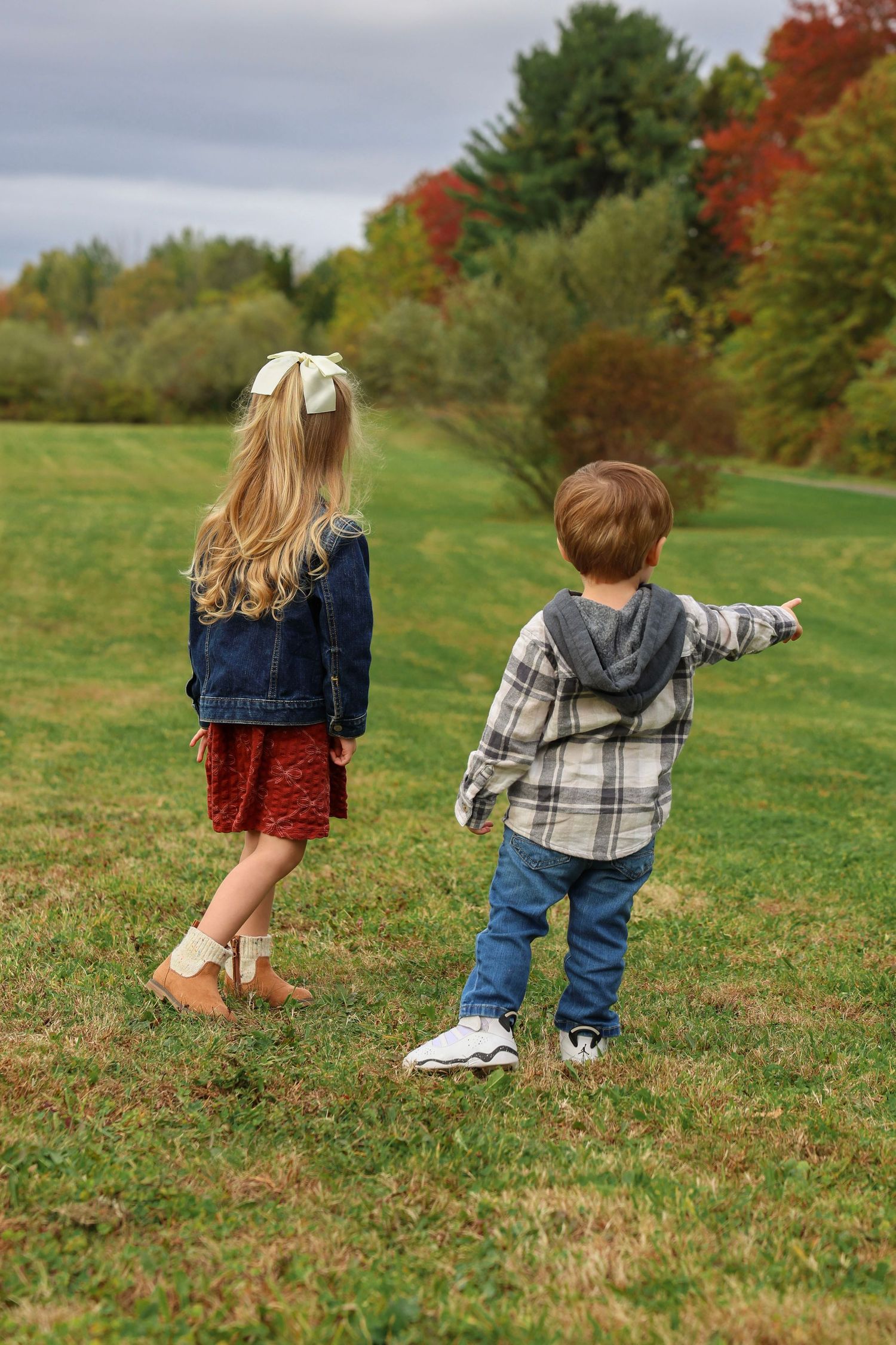 Two young children stand with backs turned looking at colorful fall foliage in open field.
