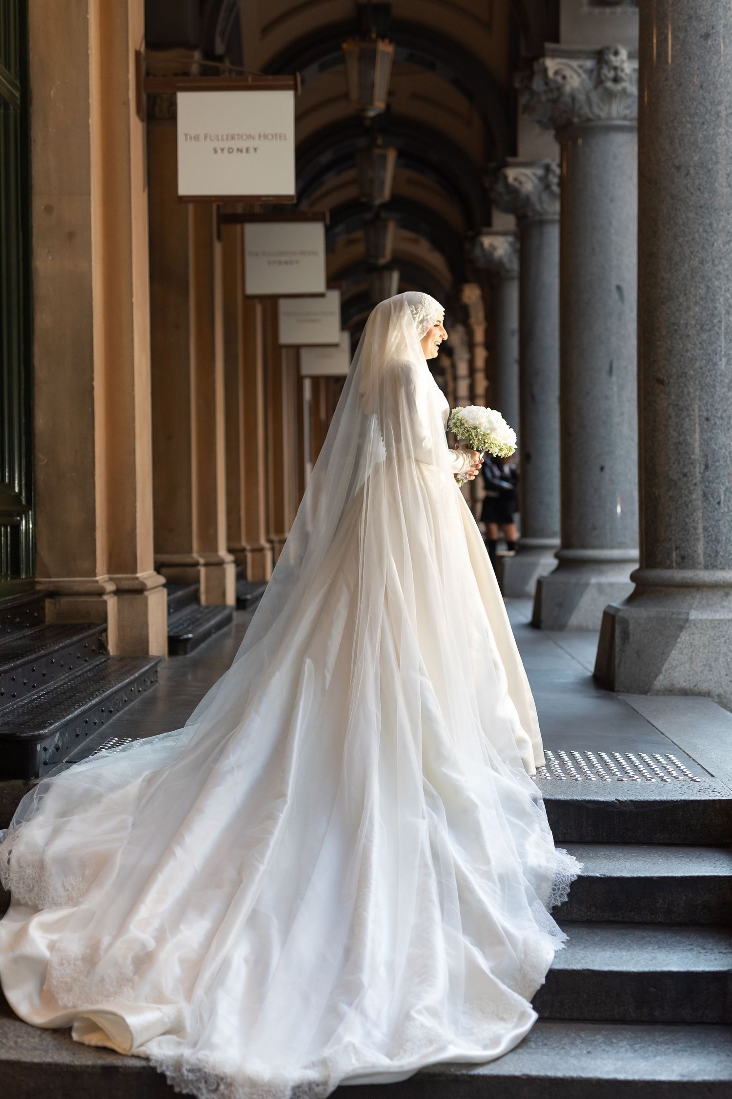 bride at martin place in bridal dress in sydney