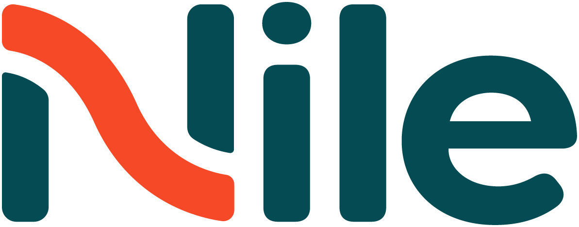 Nile company logo featuring bold teal text with a red curved wave accent on white background.