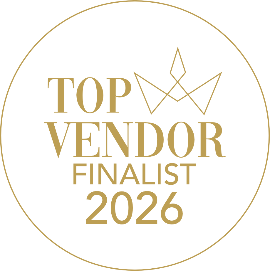 Gold circular badge reading Top Vendor Finalist 2026 with a crown icon on white background.