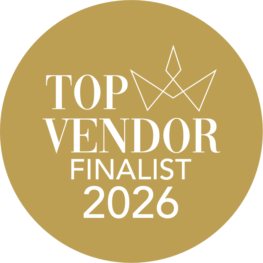 Gold circular badge reading Top Vendor Finalist 2026 with a crown icon, awarded to top-performing vendors.