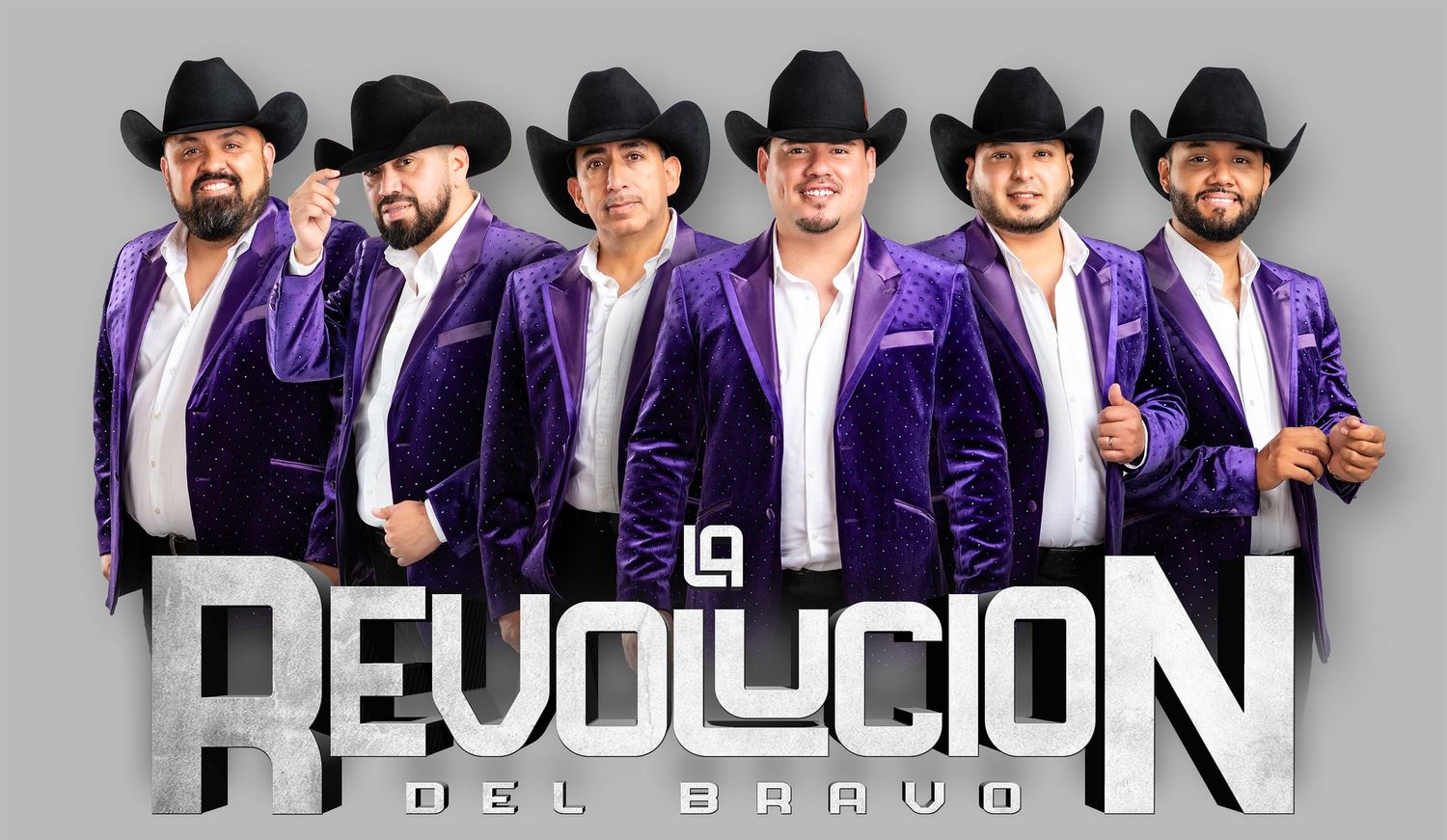 Six band members in purple velvet jackets and cowboy hats pose with La Revolucion text overlay.