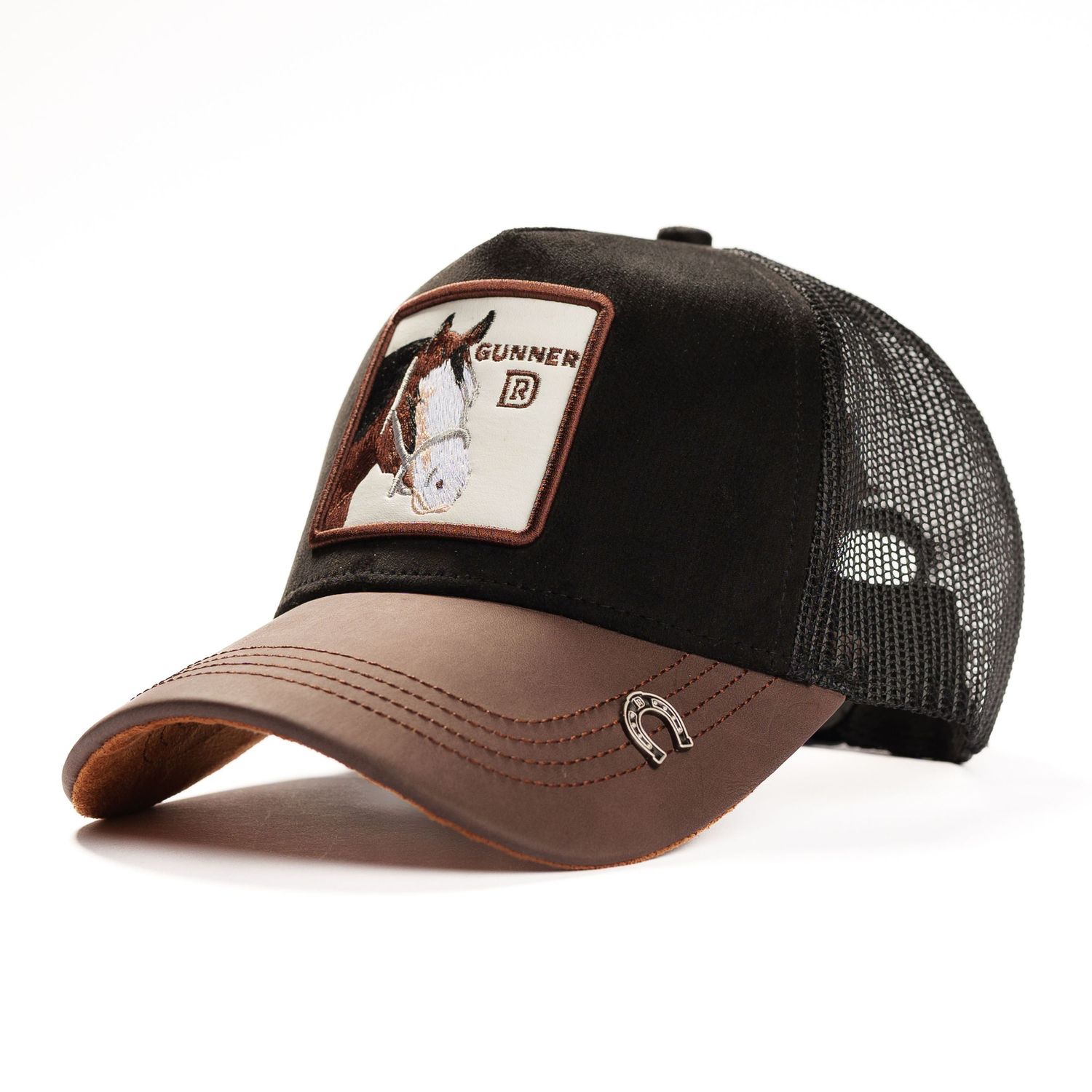 Trucker style baseball cap with brown and black panels featuring animal patch design.