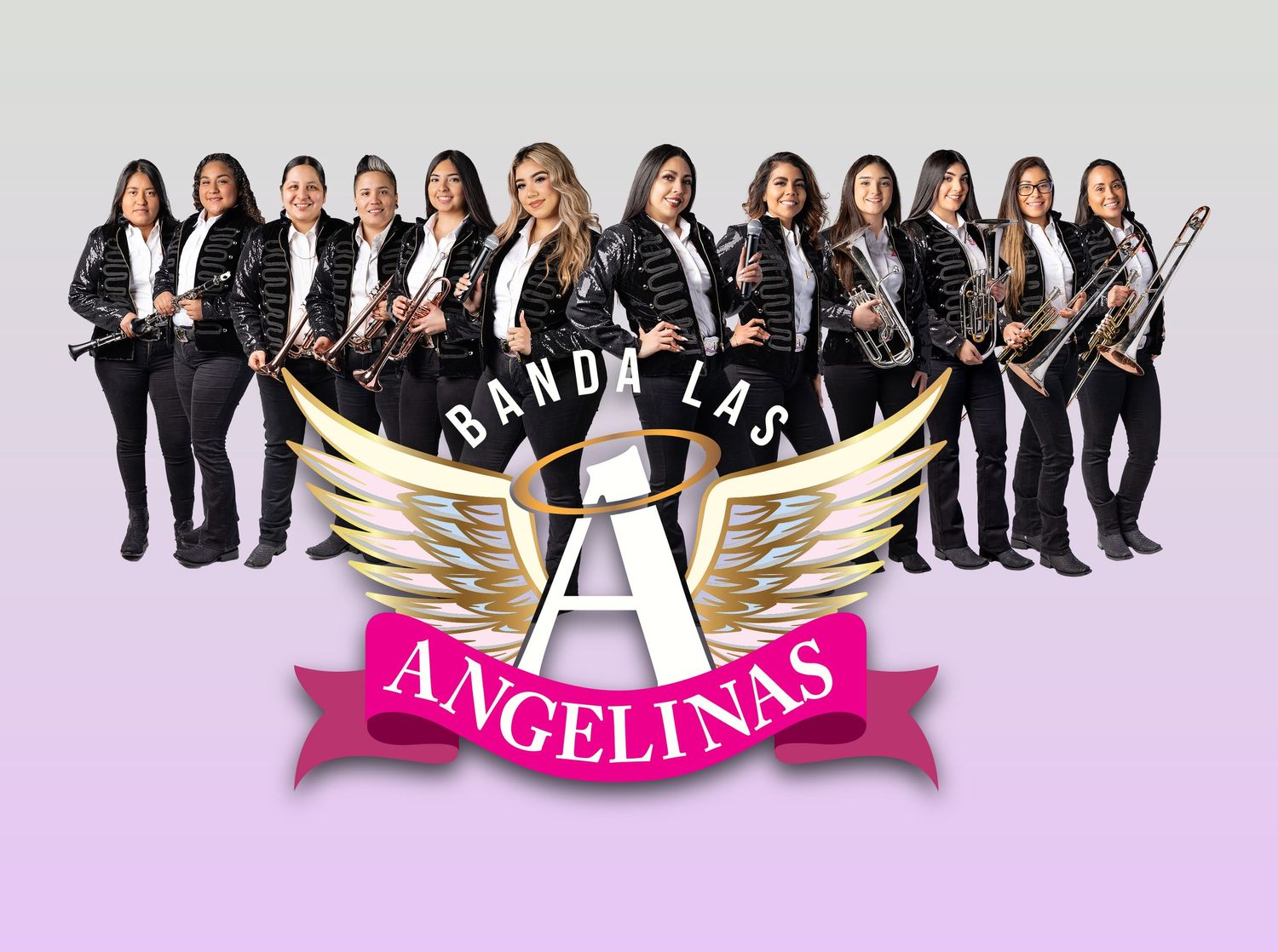 All-female band members pose in black outfits with musical instruments under winged logo design.
