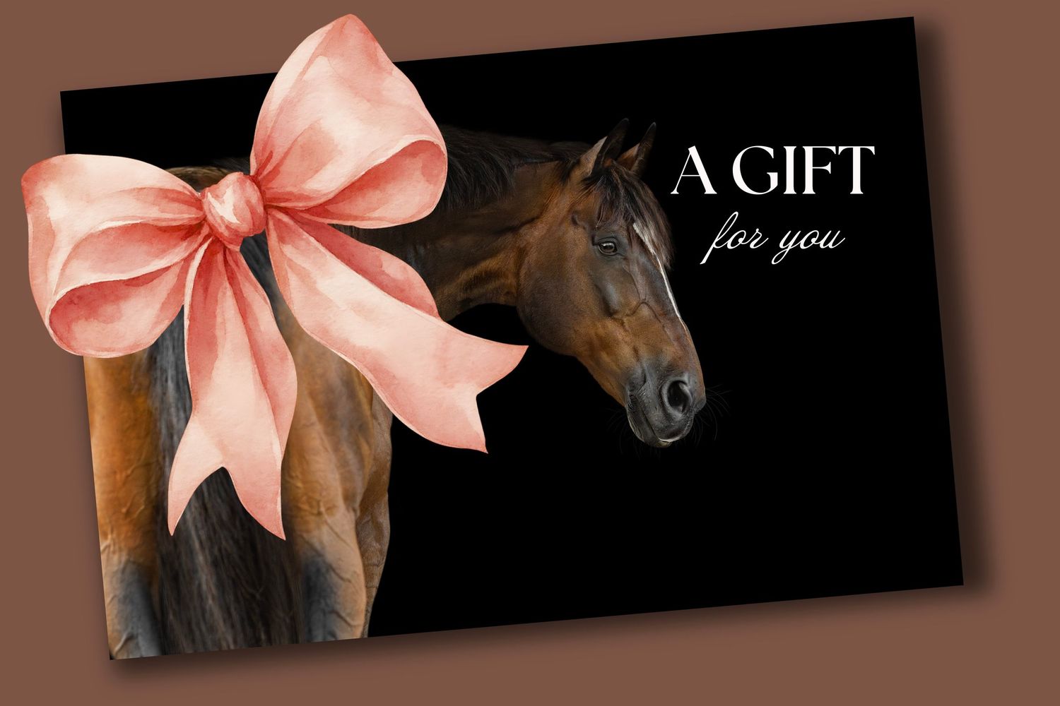 Black gift card featuring a brown horse portrait with a pink bow, text reads A Gift For You.