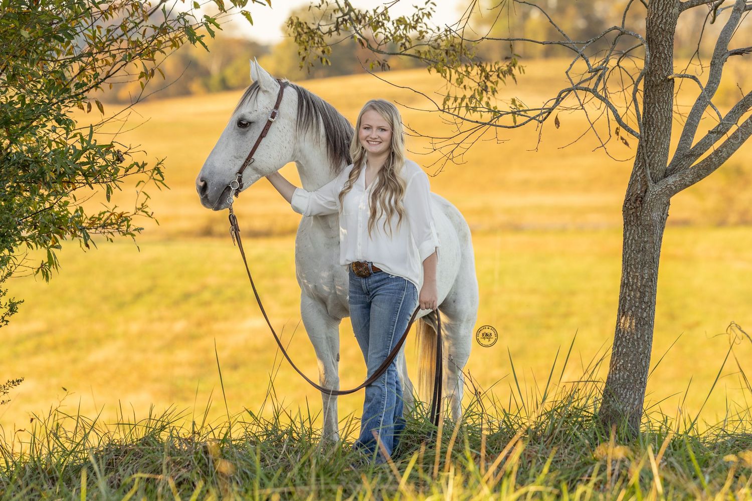 Young blonde woman smiling beside a white horse near a tree in a golden sunlit field.