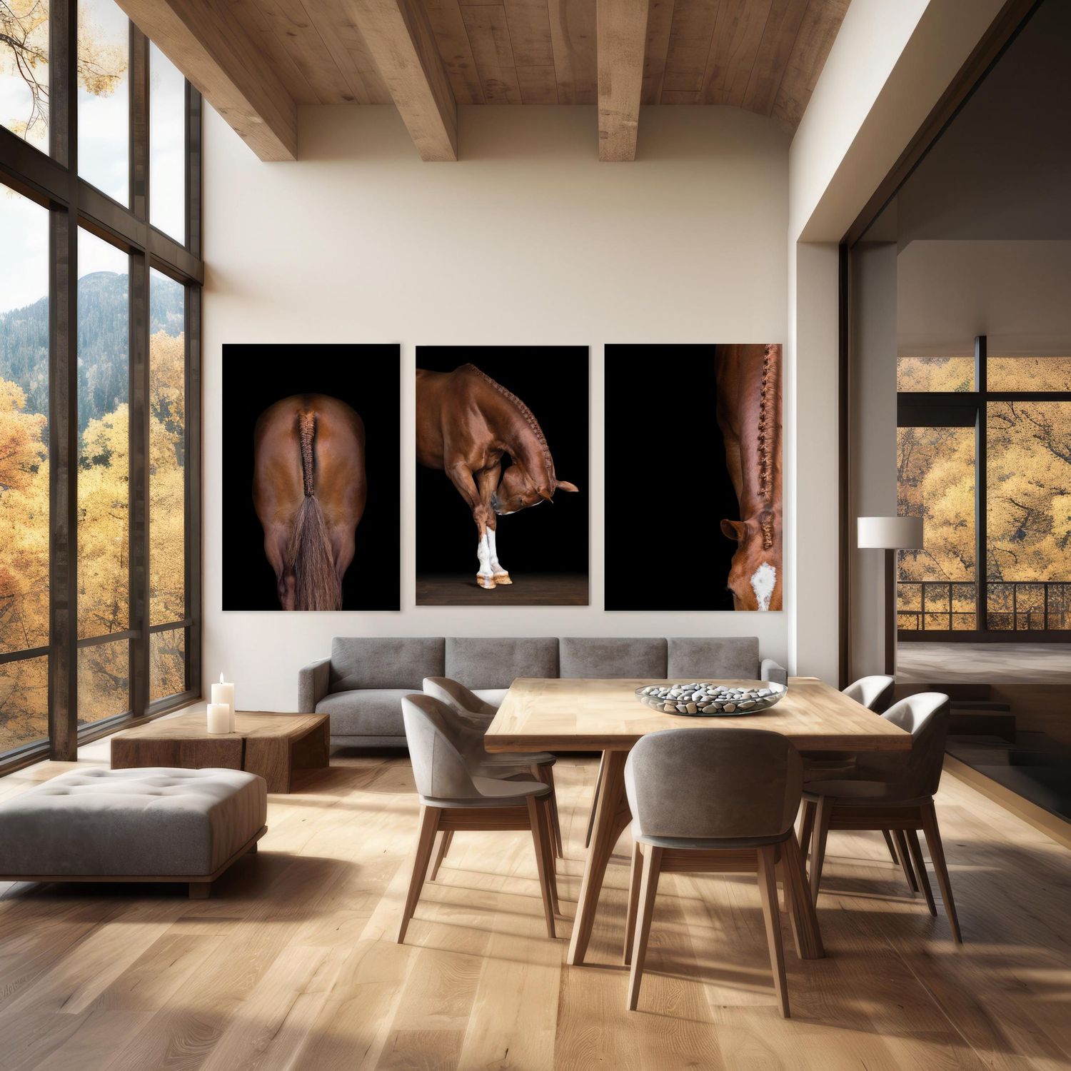 Modern dining room with large windows, wooden floors, and contemporary furniture featuring equestrian art on white walls.