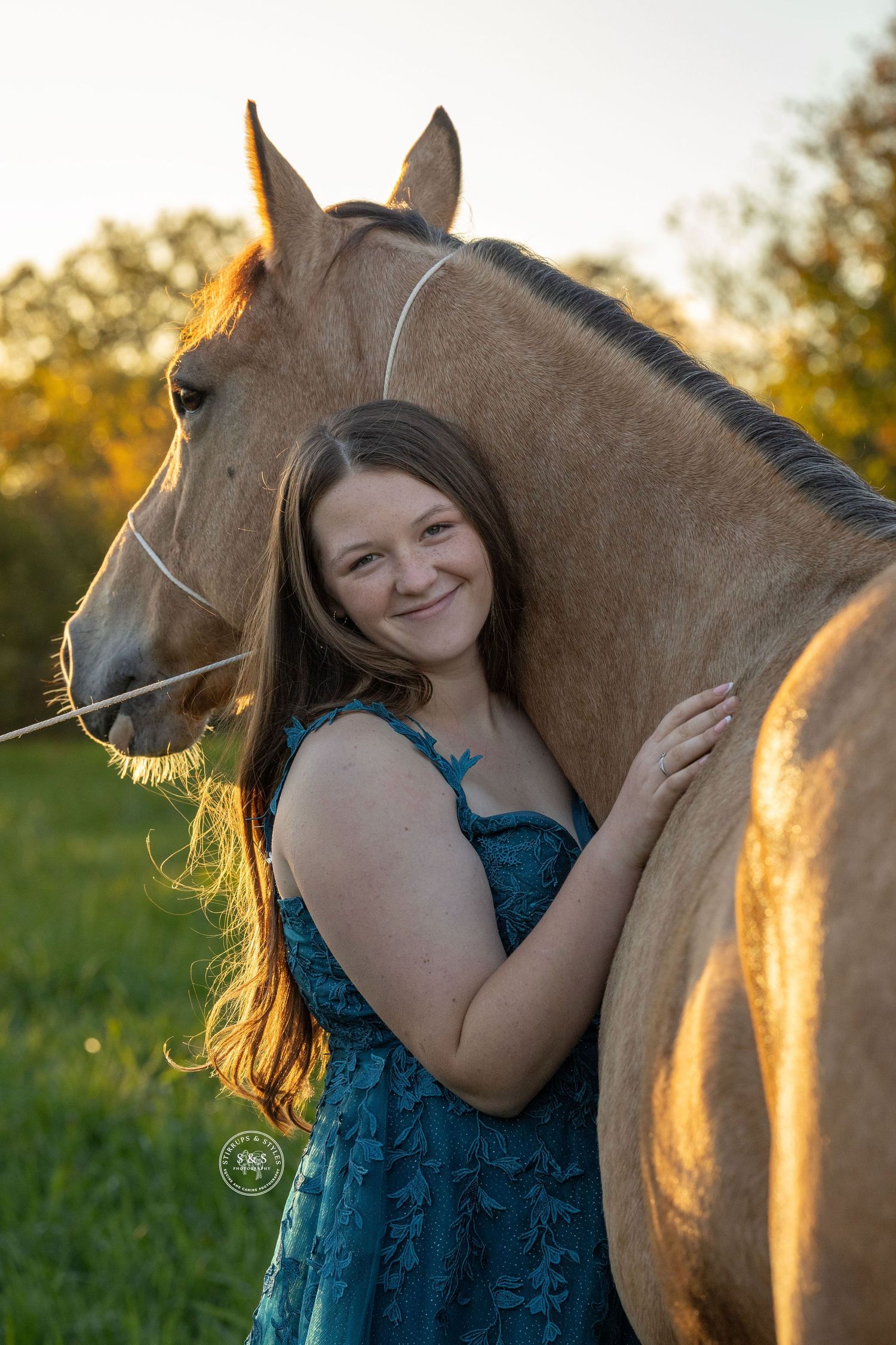 A tender moment between a horse and someone in a blue dress during golden hour in a grassy field.