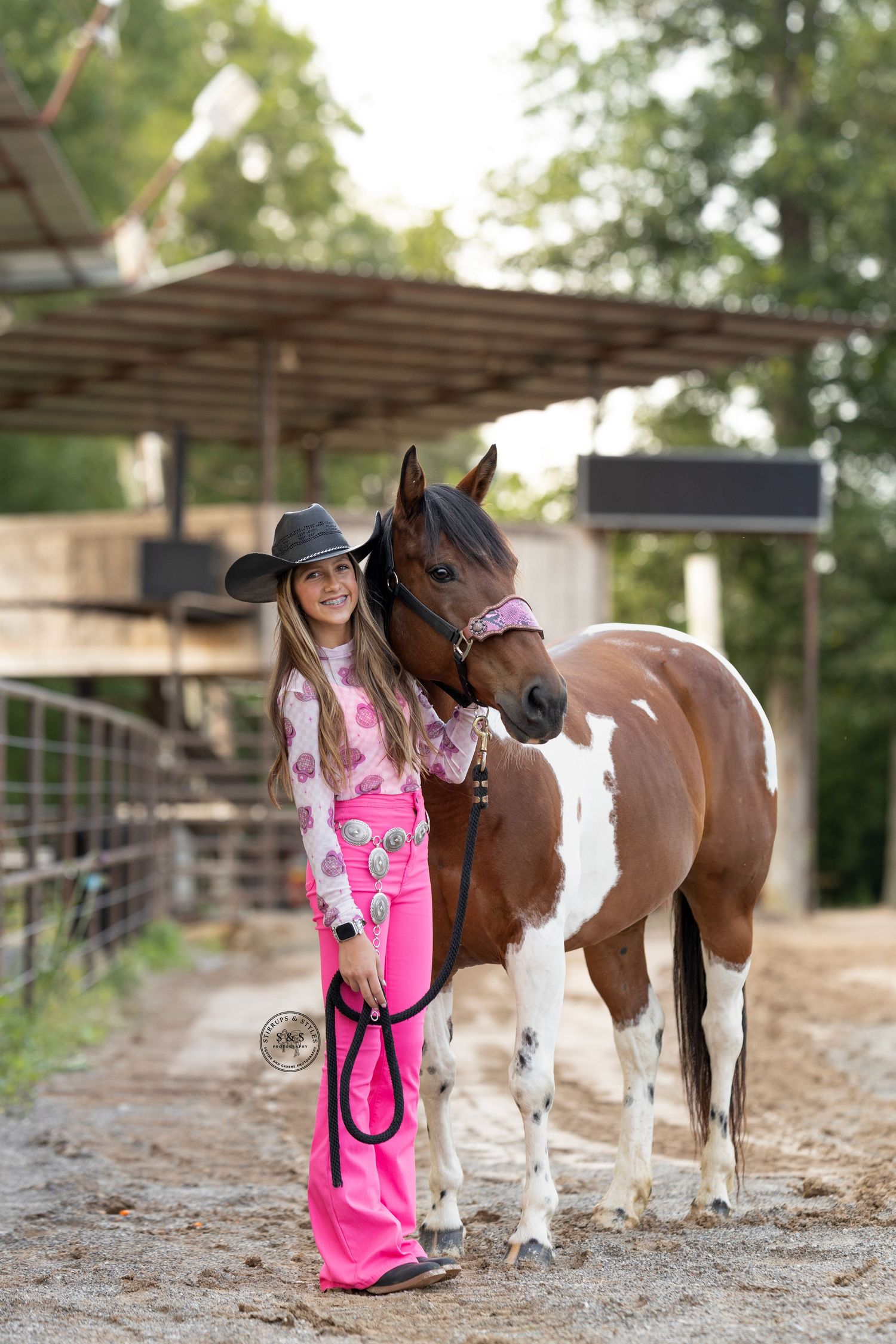 A sequence of photos showing a young girl in pink dress bonding with a brown and white pony in a stable setting.