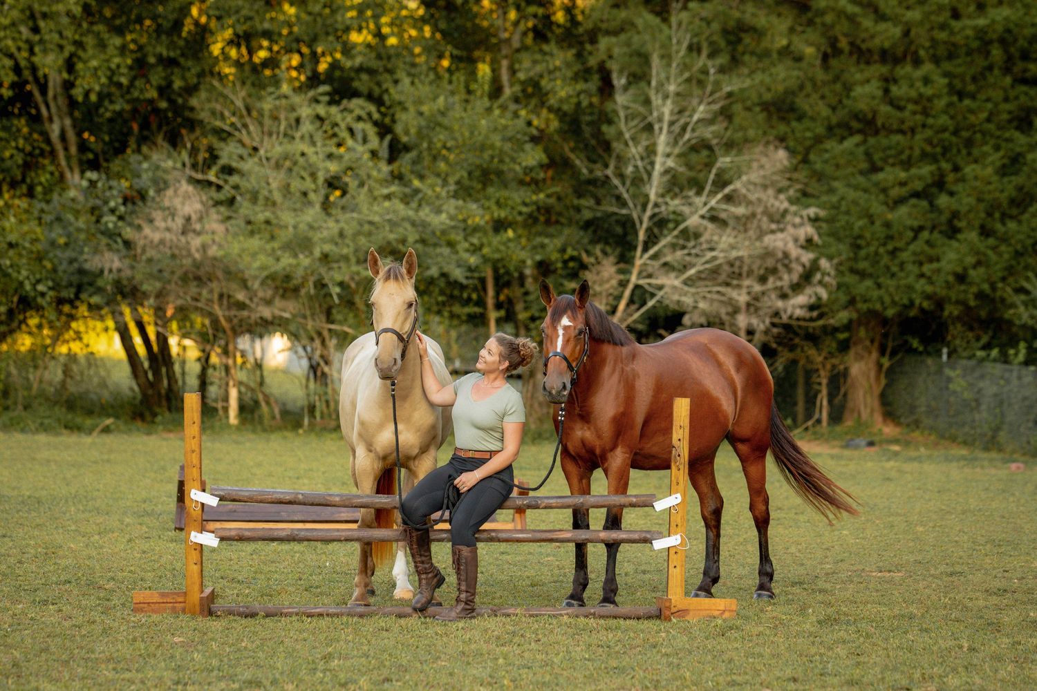 A series of photos showing a person and horse practicing jumps and training exercises in an outdoor arena.