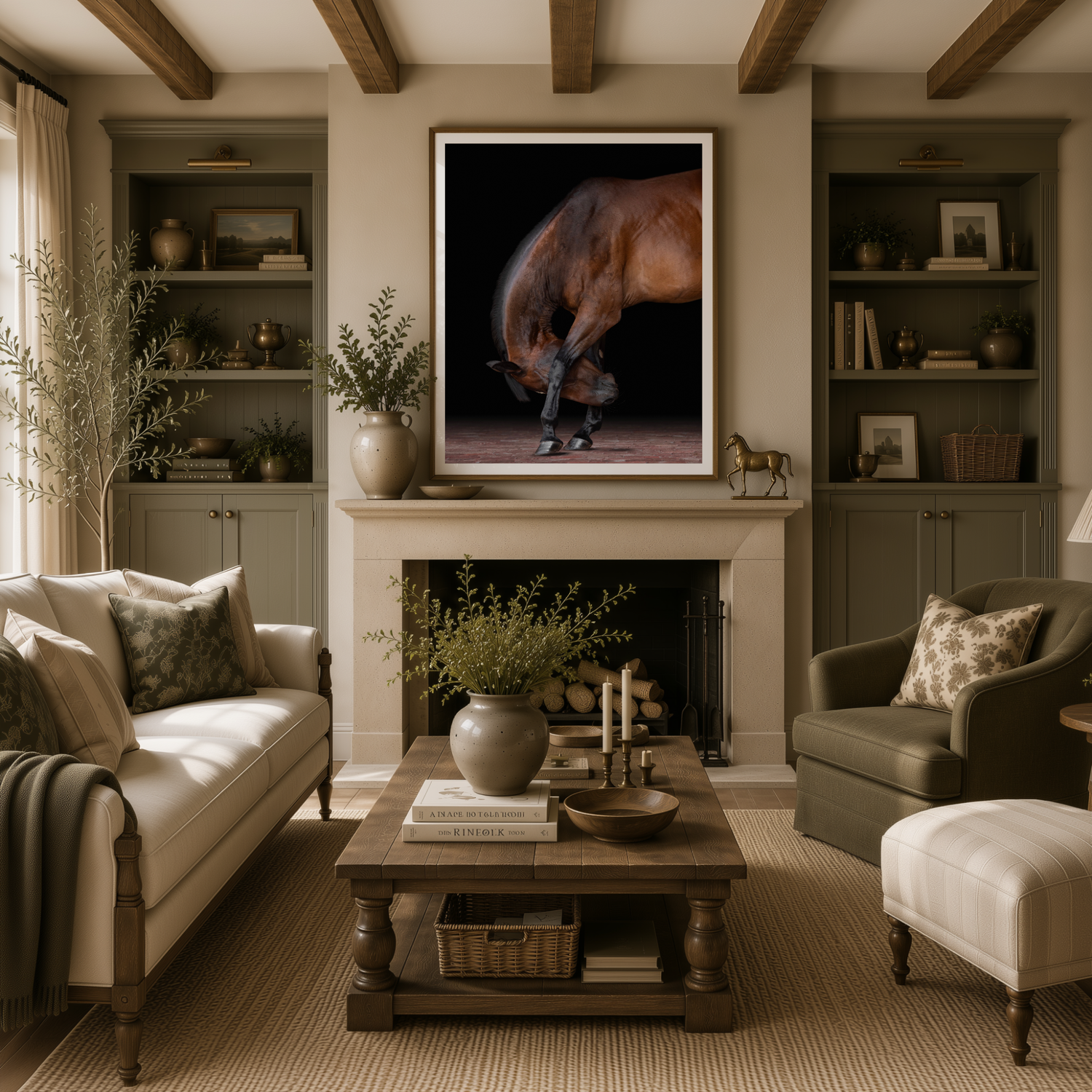 Elegant living room with beige sofas, wood coffee table, fireplace, built-in shelves, and a framed horse artwork above the mantel.