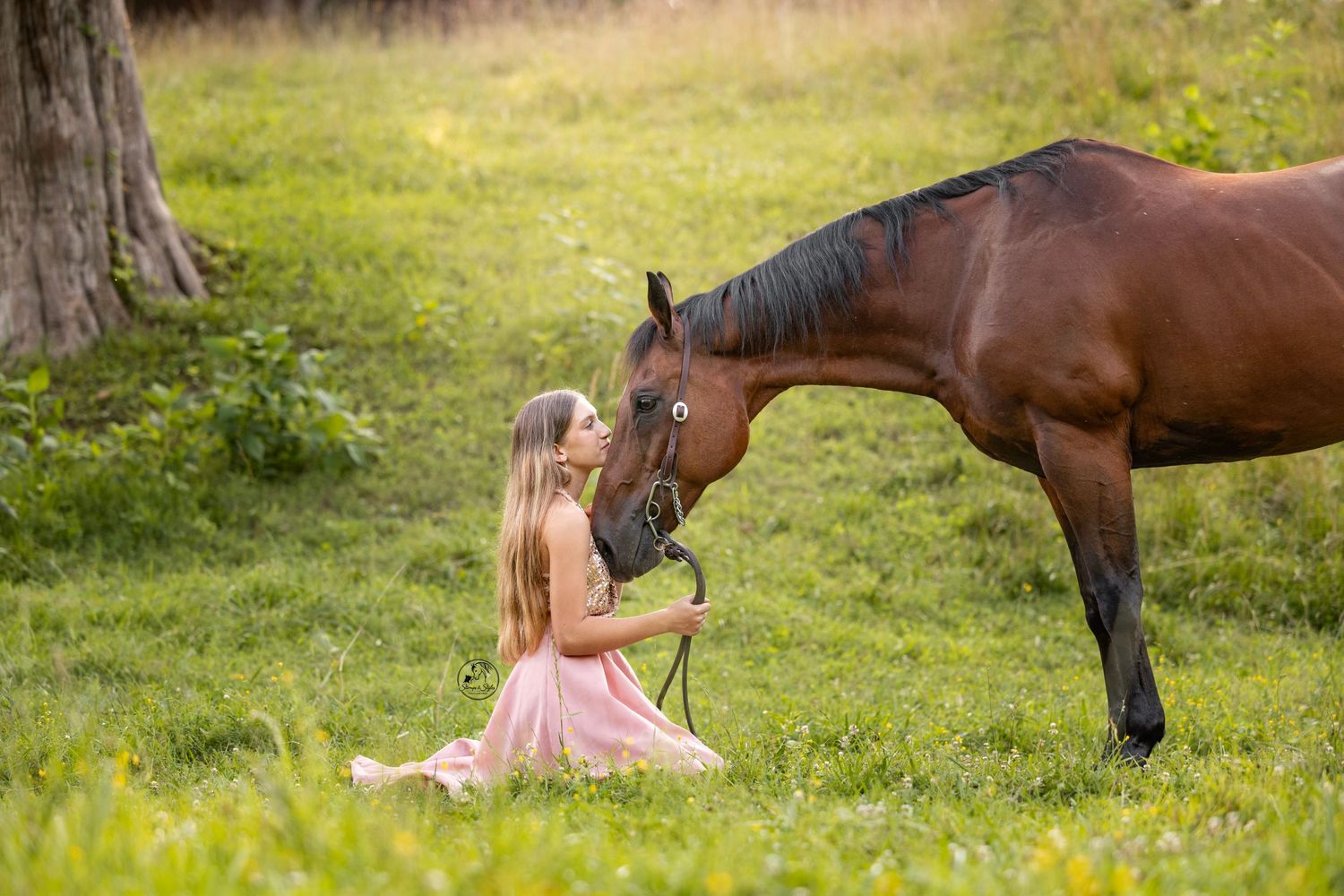 Young girl in pink dress sitting on grass, sharing a tender moment with a brown horse in a sunlit green meadow.