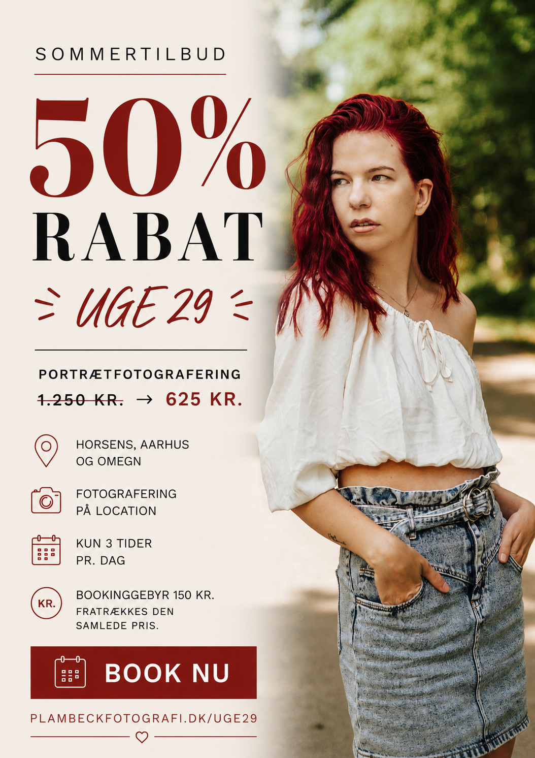 Danish photography promotion flyer offering 50% discount for week 29, featuring a young woman with red hair in casual attire.