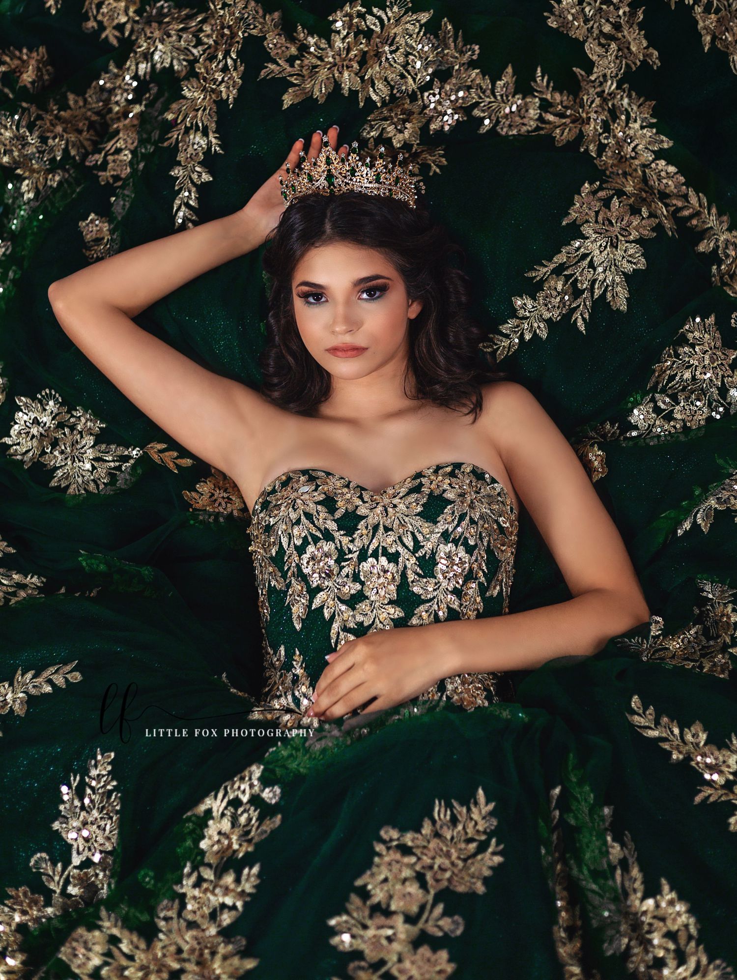 Quinceañera portrait of girl posed on floor with dress spread around her